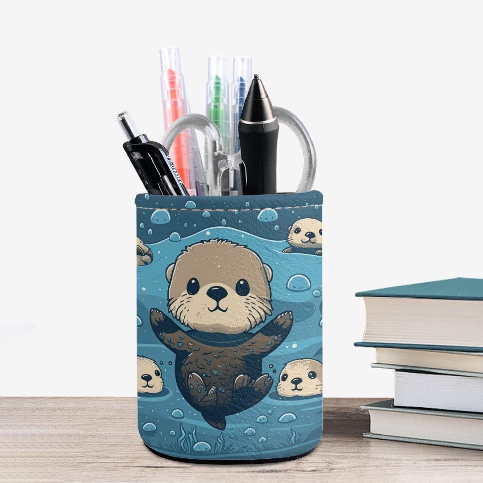 Upetstory Adorable Sea Otter Leather Pen Holder - Cute Pencil Cup & Makeup Brush Organizer for Desk, School, Office | Perfect Workspace Storage Solution for Stationery, Cosmetics & Office Supplies