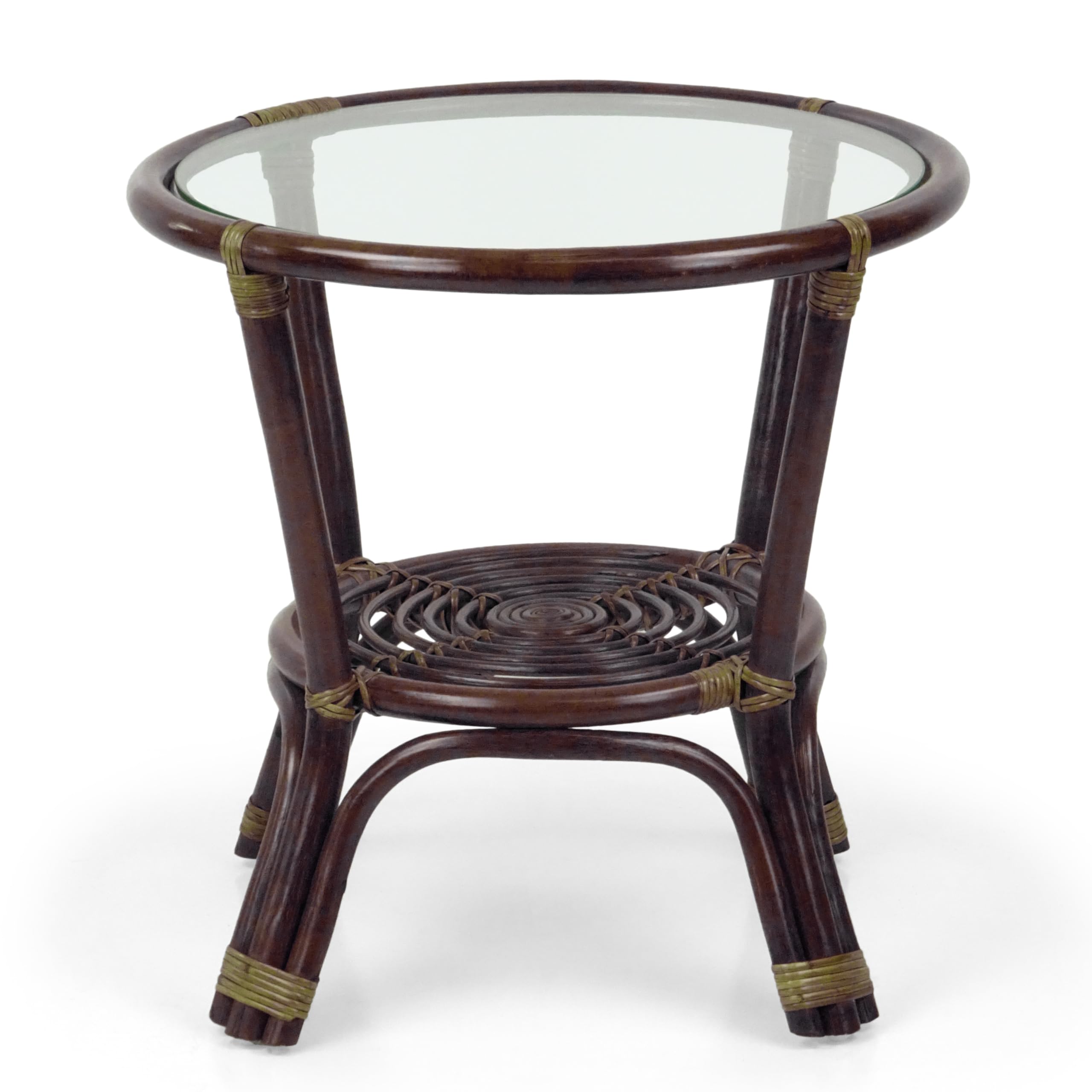 Dark Brown Leo Rattan Wicker Round Accent Coffee Table with Tempered Glass Top - Perfect for Living Room, Patio, or Balcony Decor