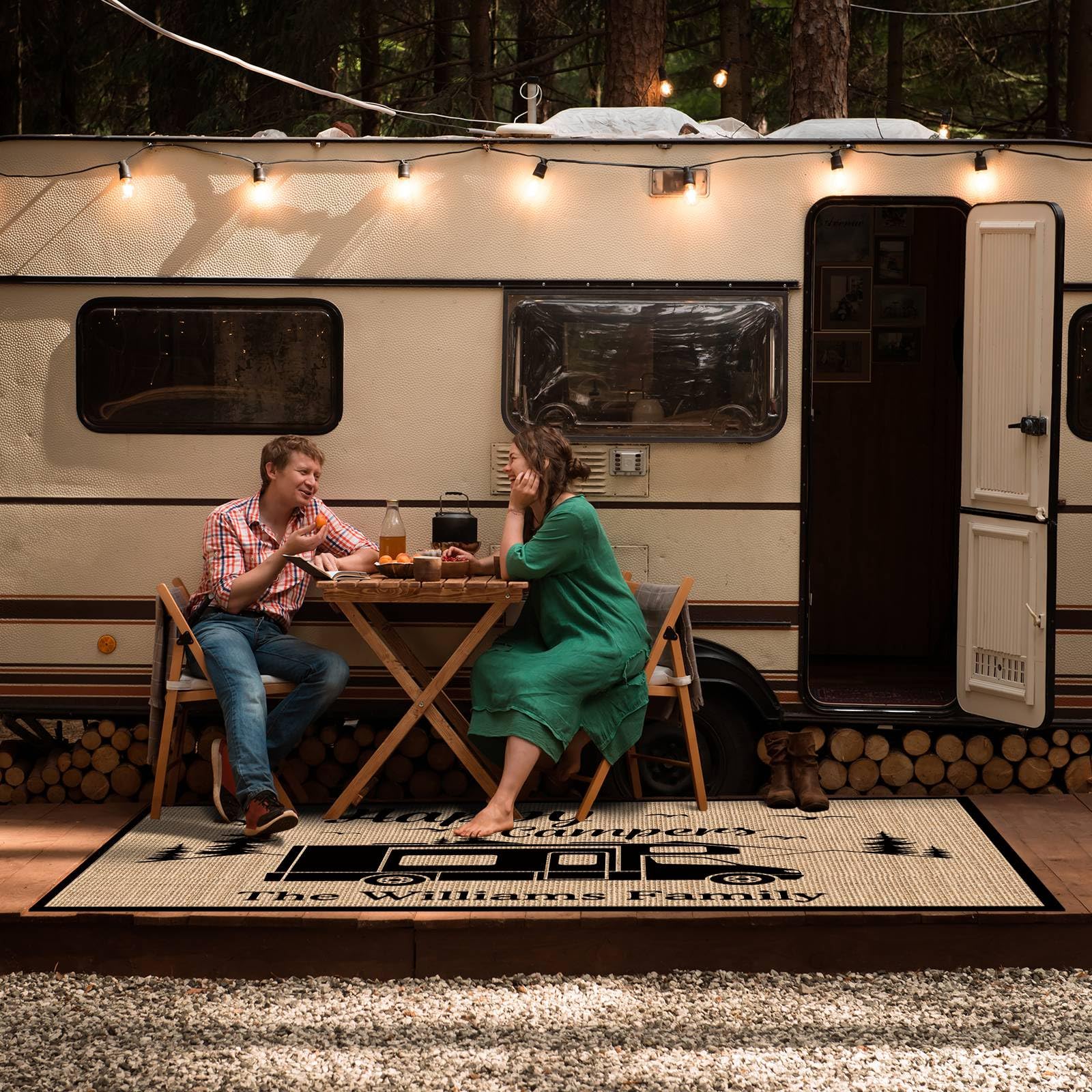 Custom RV Rug - Happy Campers Outdoor Camping Mat 48x72 Inch for Trailers, Patio & Floor - Waterproof Durable RV-13 Decor - Perfect for Camping Trips, Picnics & Outdoor Gatherings