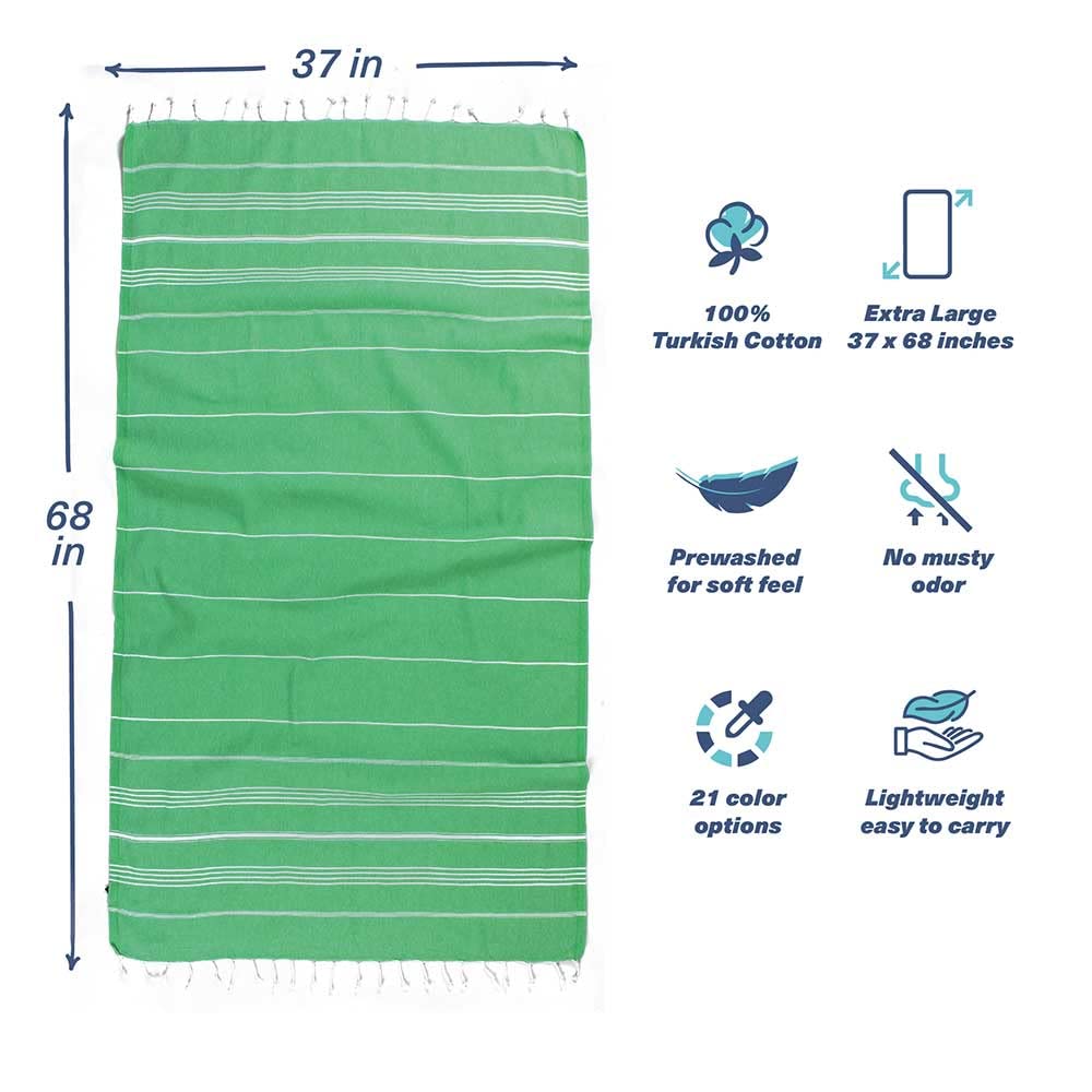 Turkish Beach Towel - Oversized 37x68, Quick-Dry & Sand-Free - Perfect for Pool, Beach & Travel (Green)