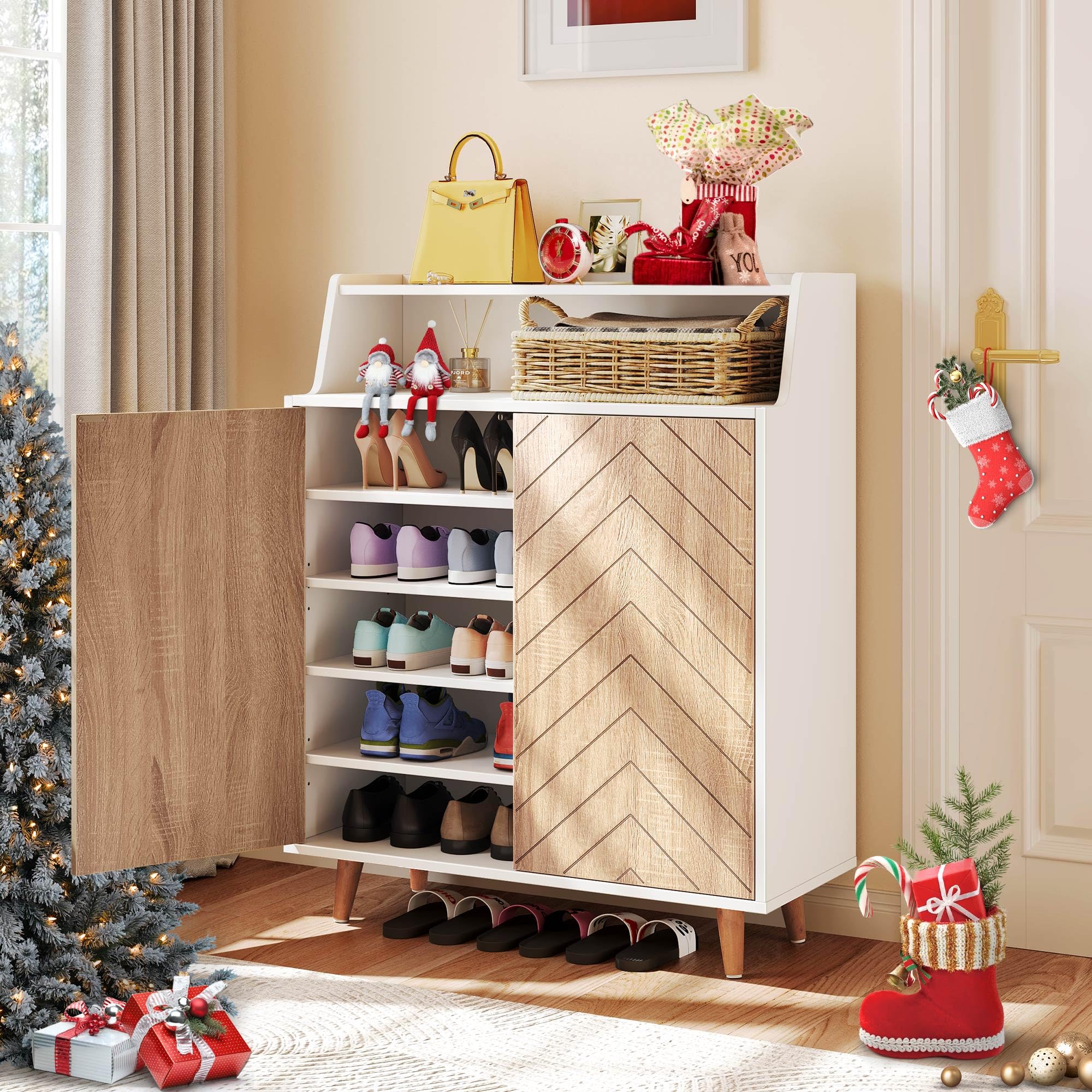 YITAHOME 5-Tier Shoe Storage Cabinet with Doors & Open Shelves - Large Capacity Wooden Shoe Rack Organizer with Pine Wood Legs for Entryway, Hallway, Closet - Perfect for Small Spaces & Home Organization (White)