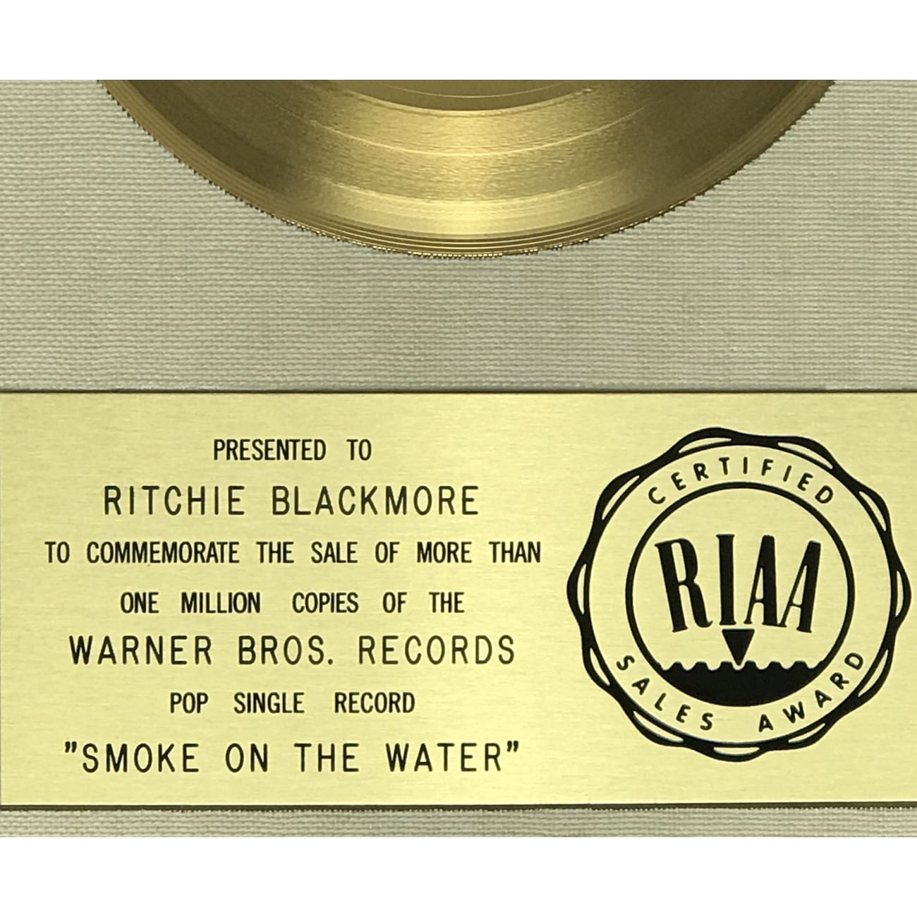 Deep Purple Smoke On The Water White Matte RIAA Gold 45 Award - Rare Collectible for Ritchie Blackmore - Perfect for Music Memorabilia Displays & Rock Collector's Showcase