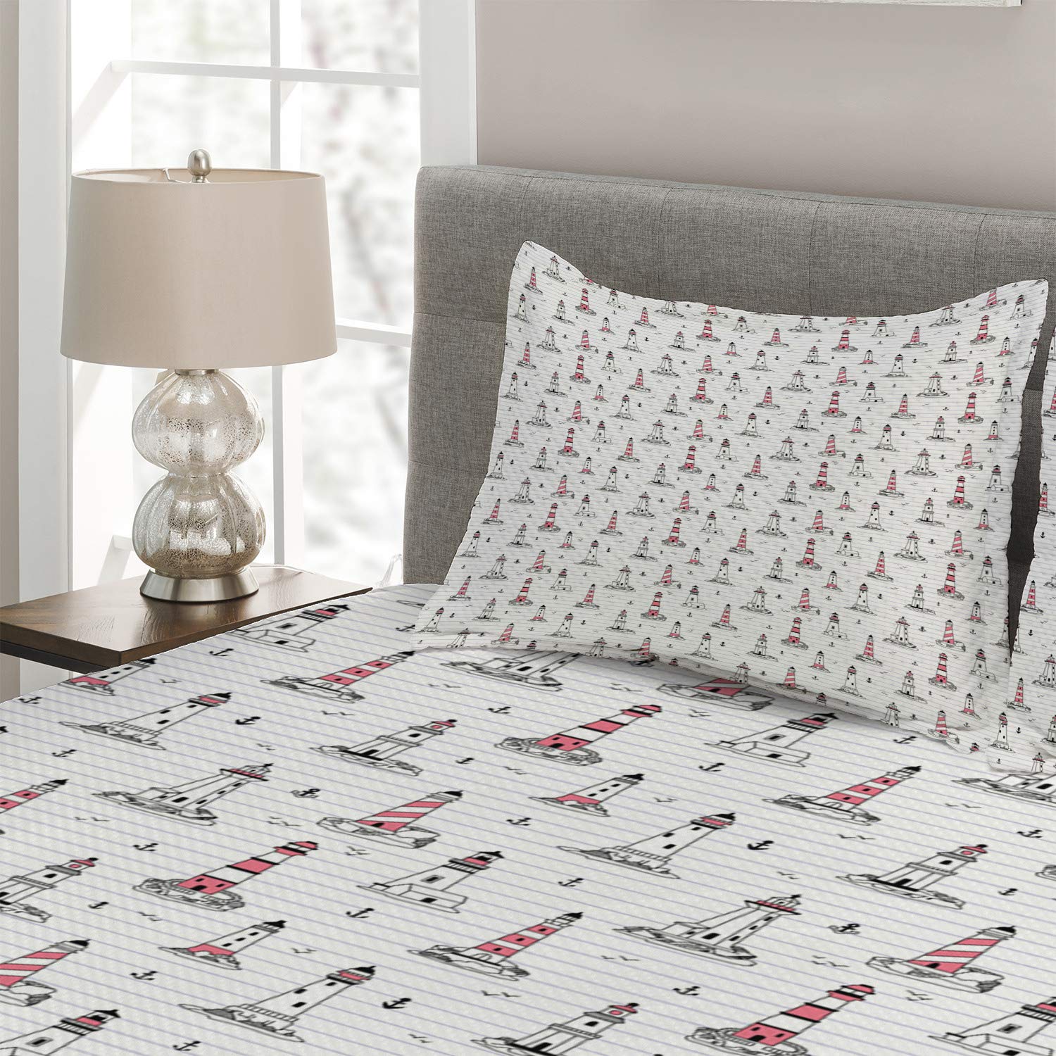 Ambesonne Lighthouse Quilt Set - Nautical Themed Notebook Pattern with Seagulls & Anchors Doodle Design, 3-Piece King Size Bedspread with 2 Pillow Shams in Pink Lilac & Black | Coastal Bedroom Decor, Beach House Styling, Gift for Sea Lovers