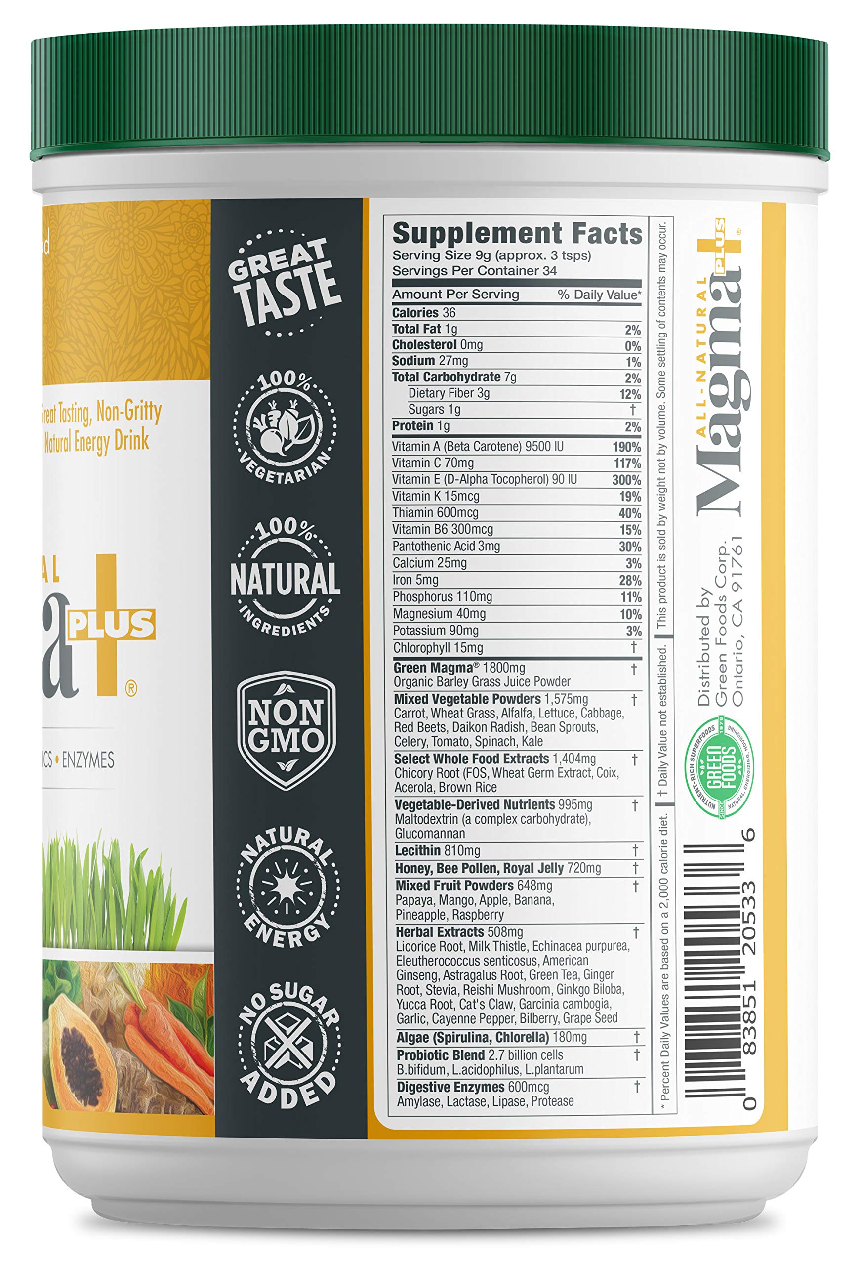 Green Foods Magma Plus Powder 10.6 oz (300g) - Organic Superfood Supplement for Detox & Digestion - Perfect for Smoothies, Juices & Daily Wellness Routine