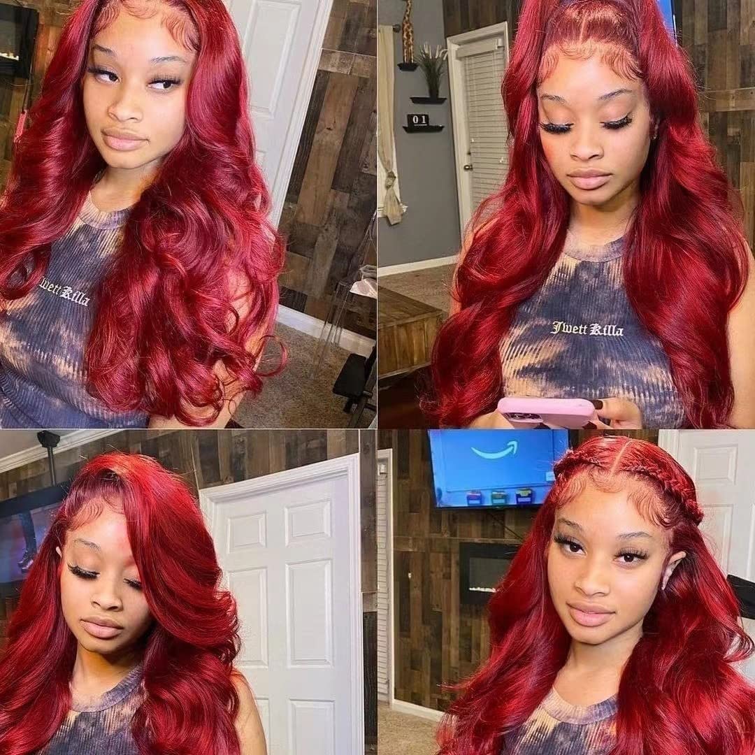 28Inch 180% Density 99J Burgundy Human Hair Lace Front Wig - Bleached Knots, Body Wave, 13x4x1 T-Part Lace, Pre-Plucked Natural Hairline | Perfect for Cosplay, Daily Wear & Special Occasions