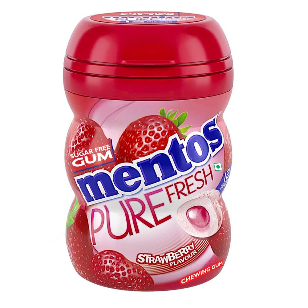 Mentos Pure Fresh Sugarfree Strawberry Chewing Gum - 54.6g Bottle | Long-Lasting Fresh Breath | Perfect for Work, School & Travel
