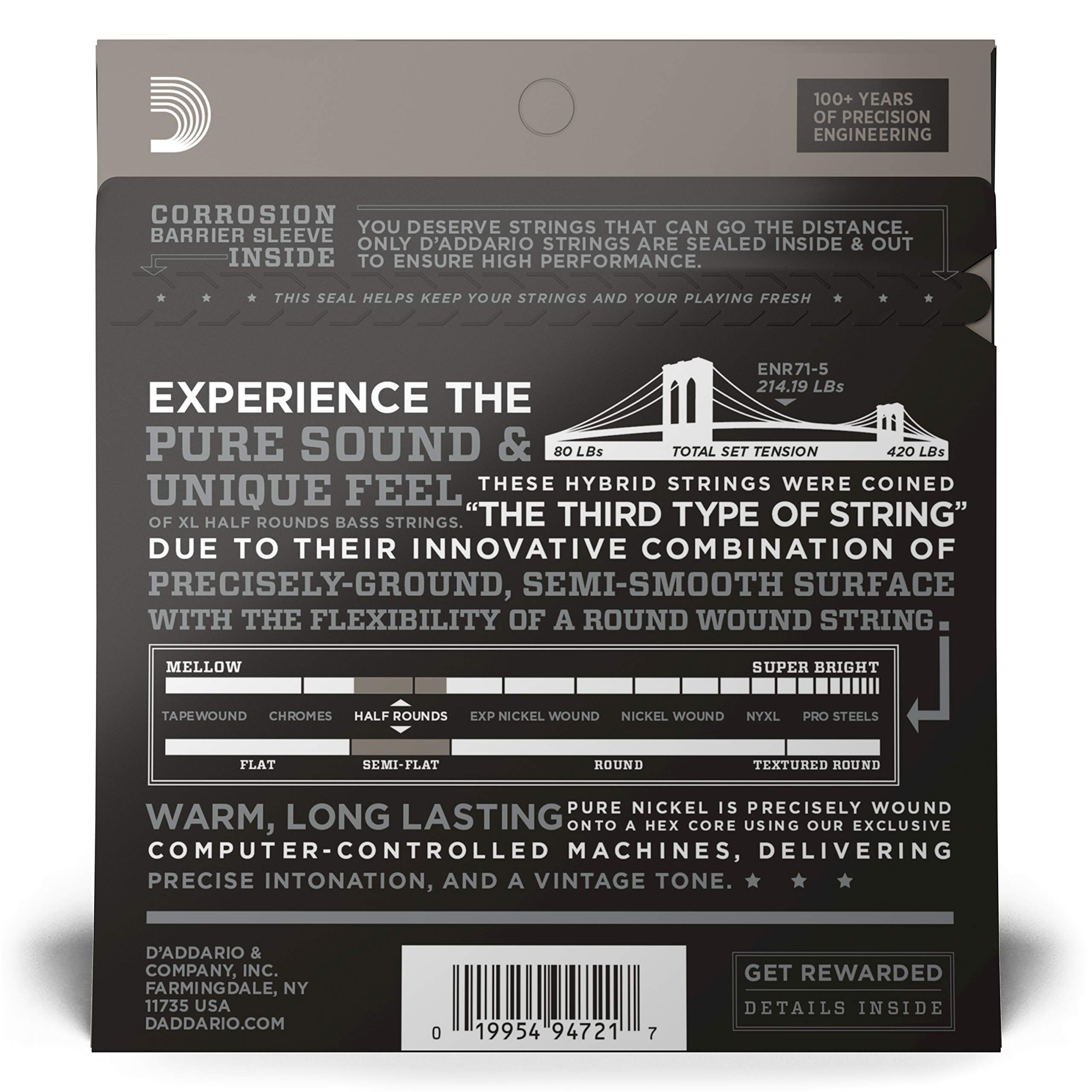 D'Addario XL Nickel Half Round Bass Guitar Strings - ENR71-5, Long Scale, Regular Light Gauge 45-130, 5-String Set (Pack of 1) | Smooth Playability & Warm Tone for Jazz, Blues & Studio Recording