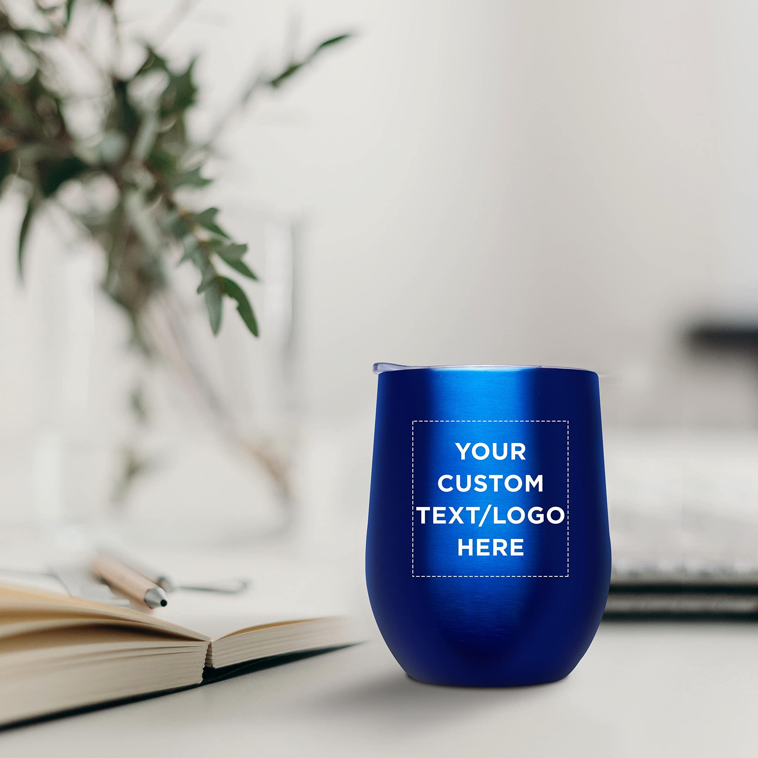 Custom 11 oz Stemless Wine Glasses with Lids - Set of 24 Personalized Tumblers for Wine, Cocktails & Beverages - Bulk Pack for Parties, Weddings & Events - Blue