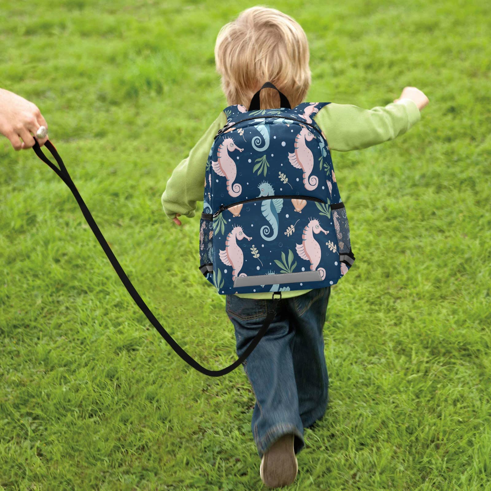 QUGRL Seahorse & Seashell Toddler Backpack - Waterproof Kids School Bag for Kindergarten, Preschool & Travel with Safety Leash (3-8 Years) | Perfect for Boys & Girls Underwater Theme Parties, Beach Trips & Daily School Use