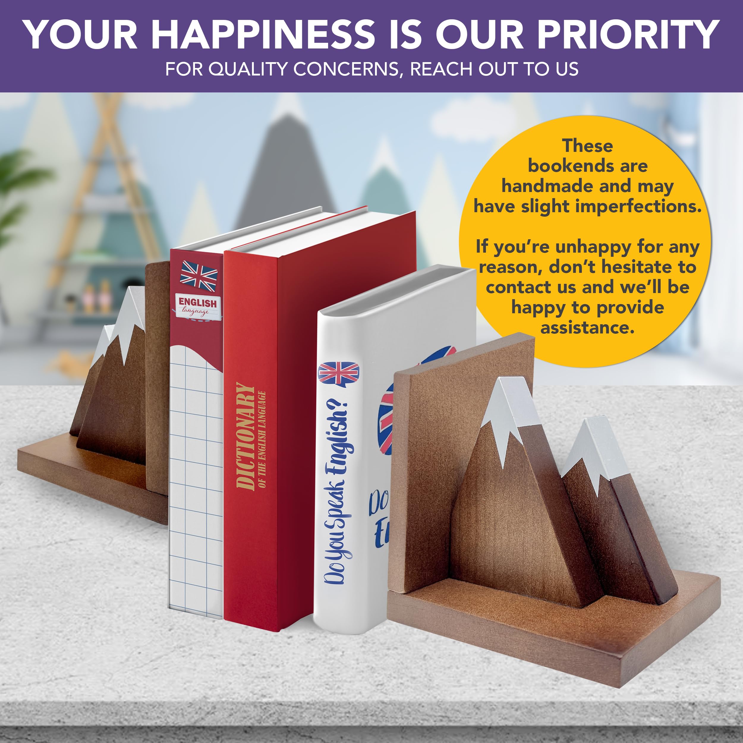 Dark Walnut Wooden Mountain Bookends for Kids Room - Non-Skid Book Ends Set for Shelves & Desks | Perfect for Organizing Children's Books, Home Office & Nursery Decor