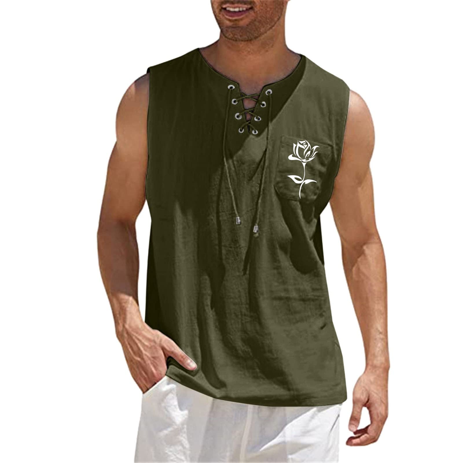 Men's Muscle Gym Tank Tops - Breathable Cotton Linen Sleeveless Workout Shirts with Chest Pocket & Lace-Up Design | Perfect for Weightlifting, Yoga & Summer Outdoor Activities