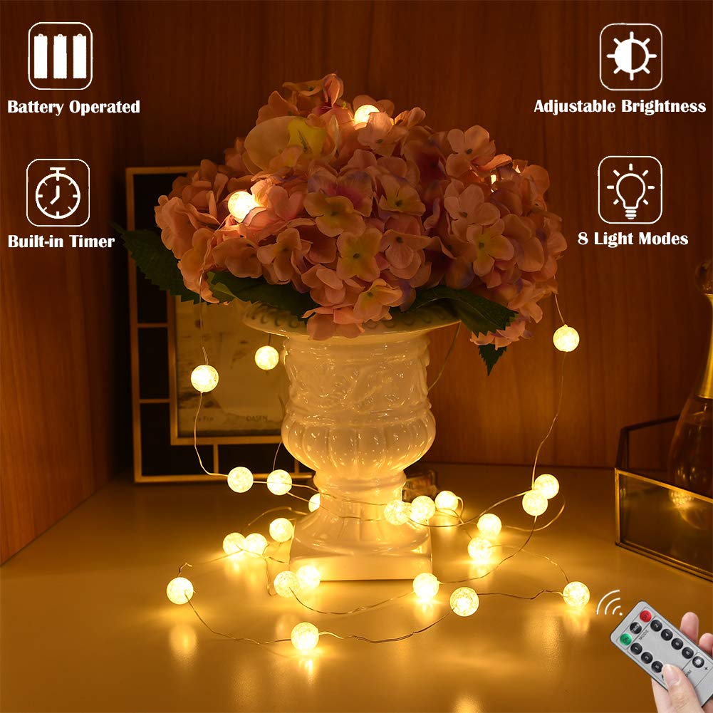 Globe String Lights - 10ft 30 LED Crystal Ball Fairy Lights with Remote Control, 8 Lighting Modes, Warm White Battery Operated Waterproof for Indoor Outdoor Bedroom Garden Party Wedding Decor - Perfect for Creating Romantic Atmosphere in Backyard, Patio, Christmas, Anniversary and Special Events