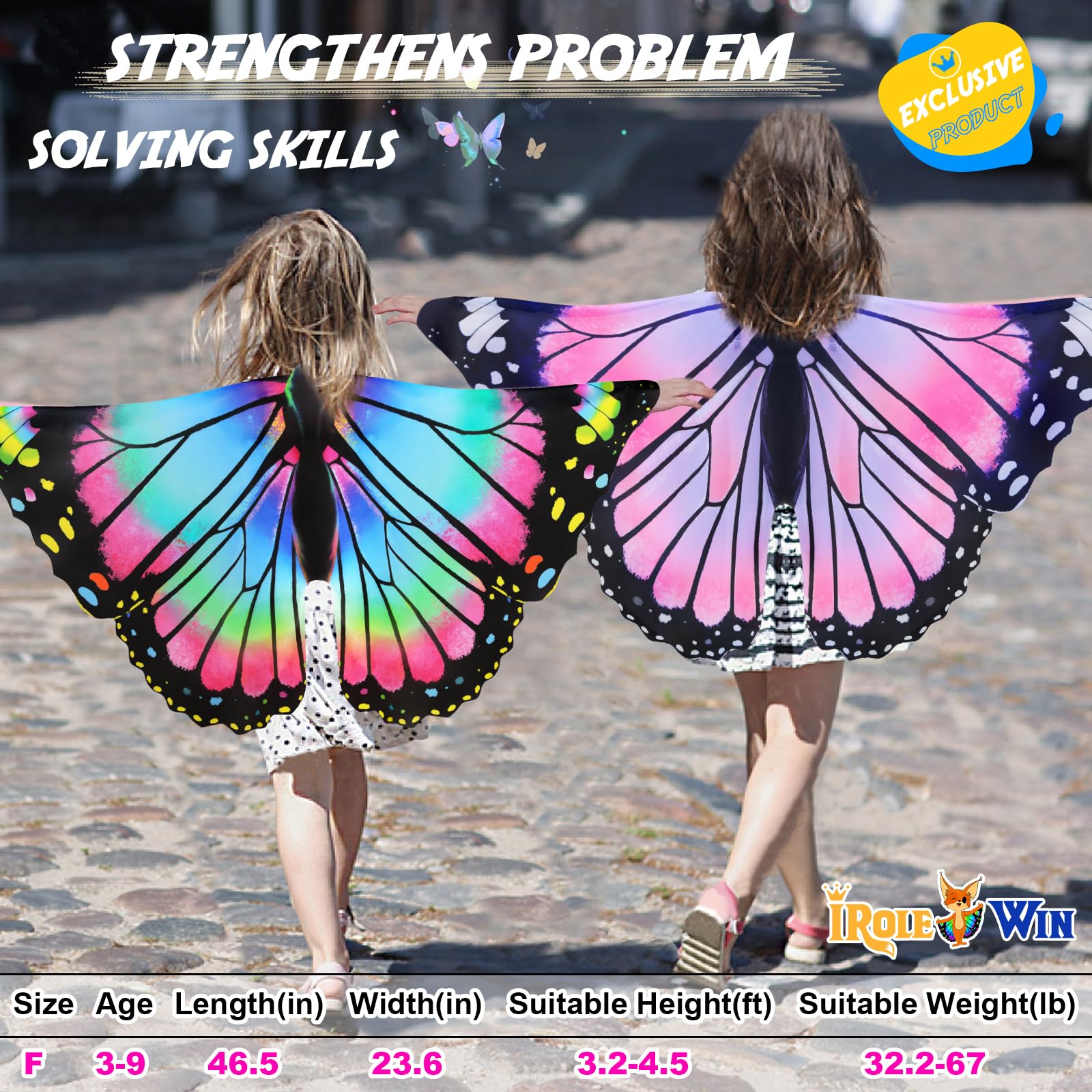 iROLEWIN Butterfly Wings Costume for Kids - Toddler Dress Up Wings for Girls & Boys, Play Pretend Bug Costume Accessories - Perfect for Halloween, Birthday Parties & Dress Up Play