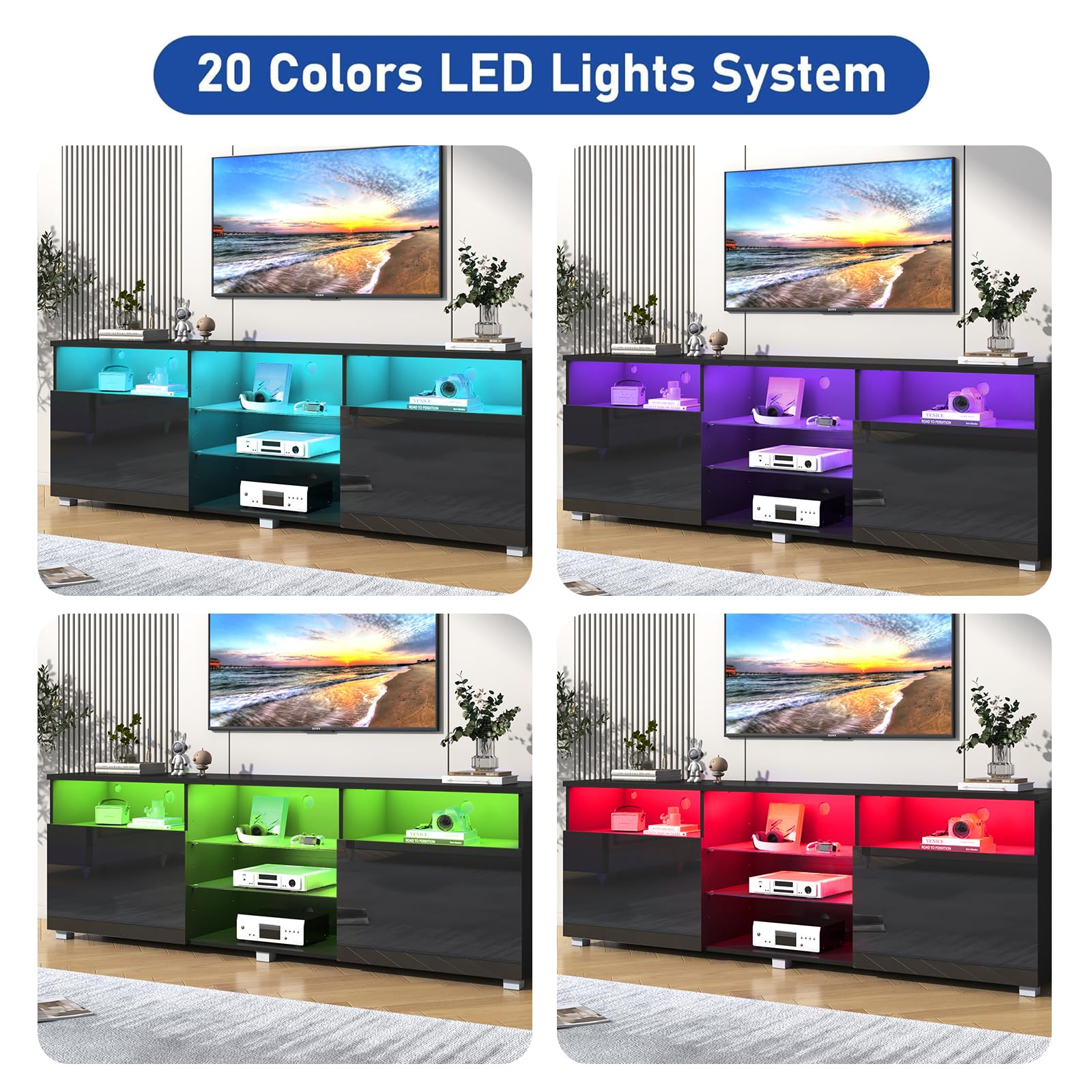 Vinctik 70 inch Modern LED TV Stand for 75/80 inch TVs - High Glossy Entertainment Center with Storage Drawers, APP-Controlled RGB Lighting - Smart TV Cabinet for Living Room (71in Black) - Perfect for Home Theater & Gaming Setup