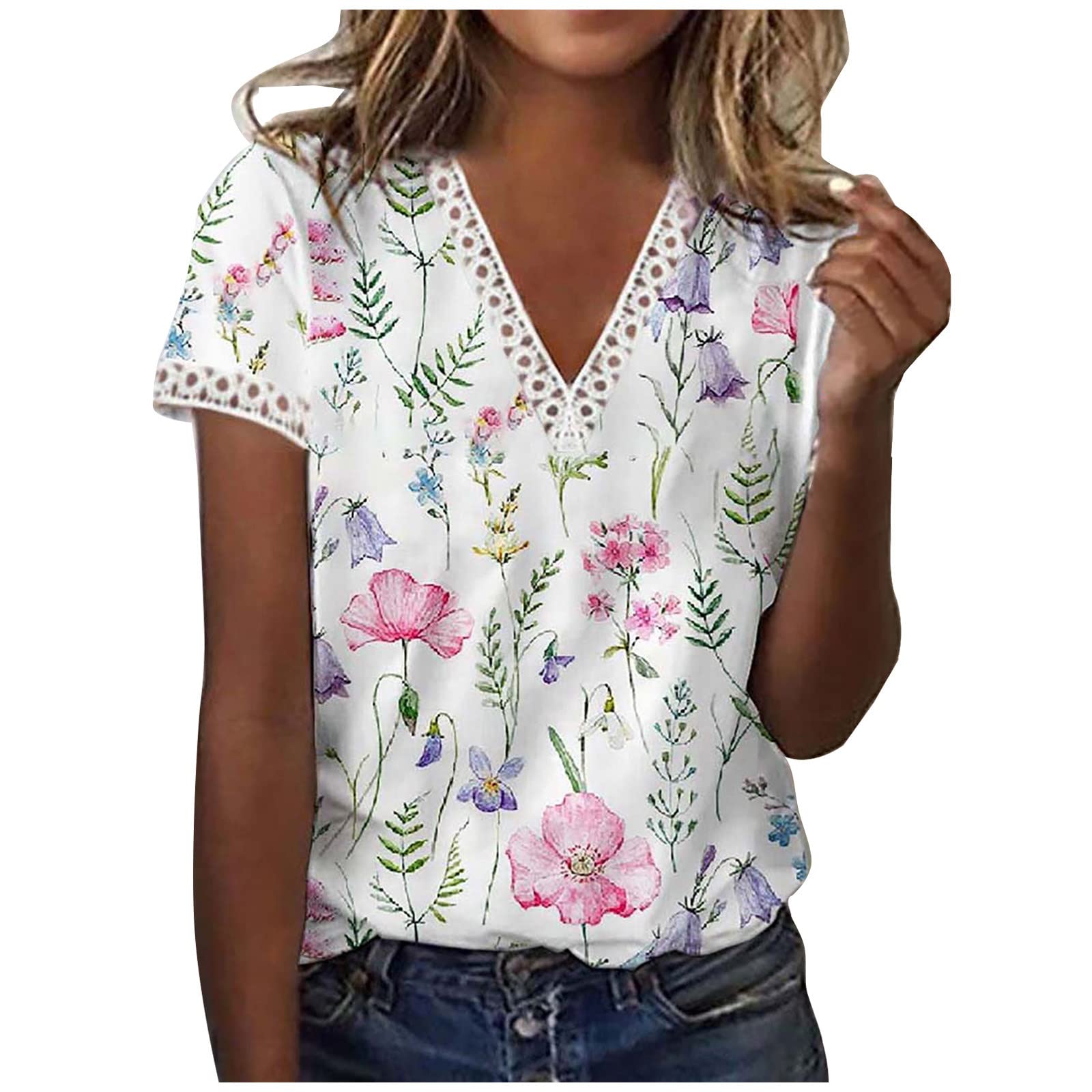 Women's Casual Short Sleeve Hollow Out V-Neck Tops - Sexy Printed Summer Blouse for Women, Loose Fit Elegant Dressy Shirt for Date Night, Party & Office Wear