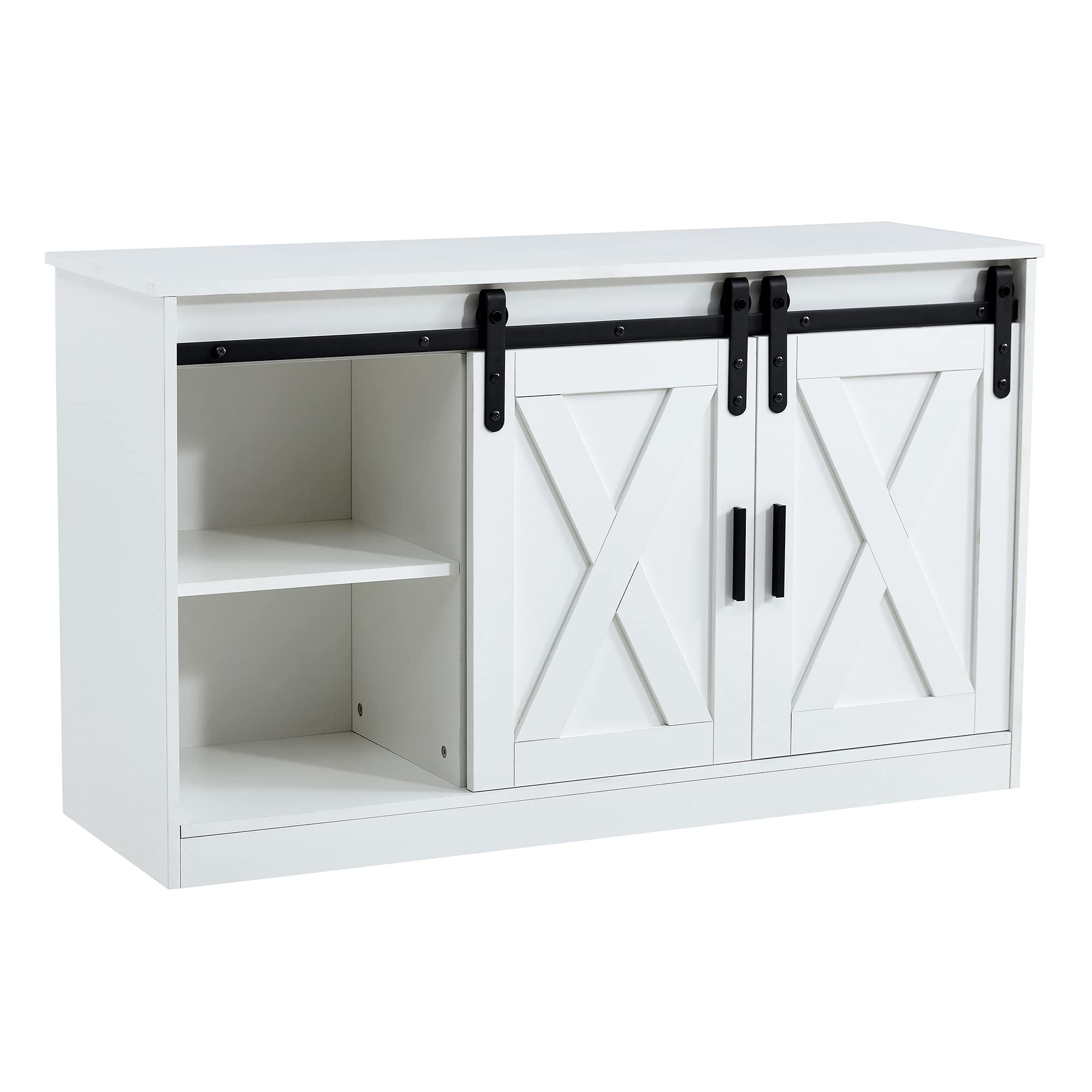 46.9 Inch White Wooden TV Stand - Farmhouse Style Entertainment Center with 2 Sliding Barn Doors & Cable Management - Perfect for Living Room, Bedroom & Home Theater Setup