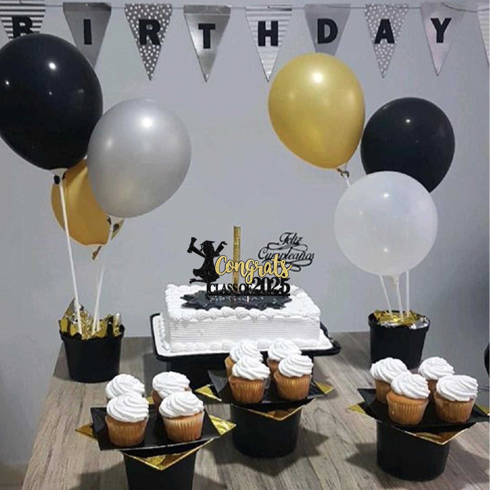 2025 Graduation Cake Toppers - Glitter Class of 2025 Cake Decorations for High School Girls (Gold & Black) | Perfect for Graduation Party, Cake Decorating, and Celebration Supplies