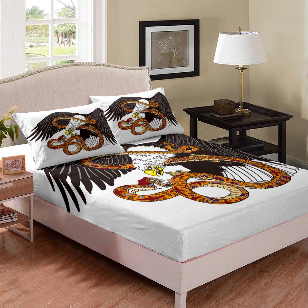 Bohemian Snake & Eagle Print 3-Piece Duvet Cover Set - Queen Size Fitted Sheet & 2 Pillowcases - Teens & Kids Bedding for Boho Chic Bedrooms, Dorm Rooms & Themed Decor