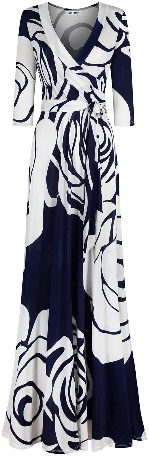 Women's Made in USA 3/4 Sleeve V-Neck Printed Maxi Faux Wrap Dress - Navy Blue XL - Summer Wedding Guest, Party, Bridal, Baby Shower & Maternity Nursing Dress for Casual & Formal Occasions