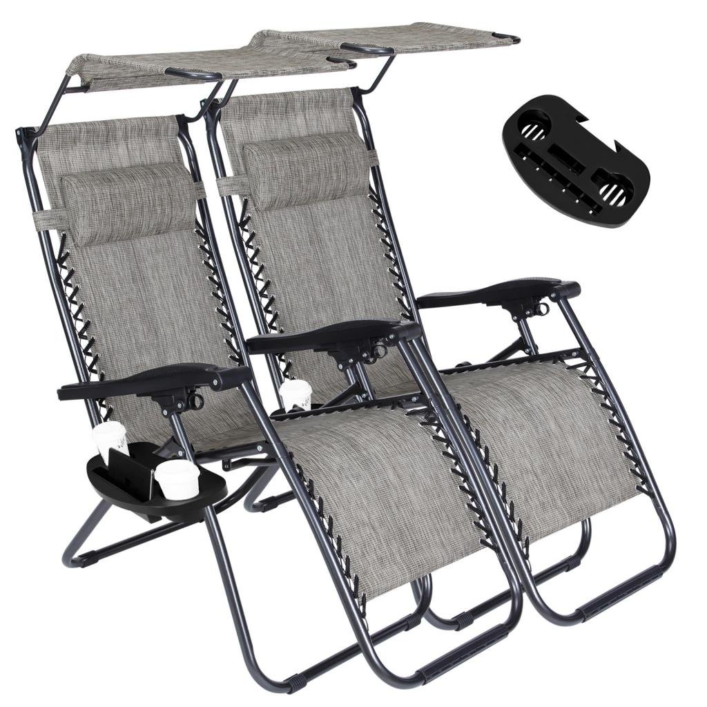 2 Pack Zero Gravity Outdoor Lounge Chairs with Adjustable Sunshade, Cup Holder & Phone Slot - Foldable Patio Recliners with Canopy & Snack Tray (Grey) - Perfect for Poolside, Backyard Relaxation & Beach Lounging