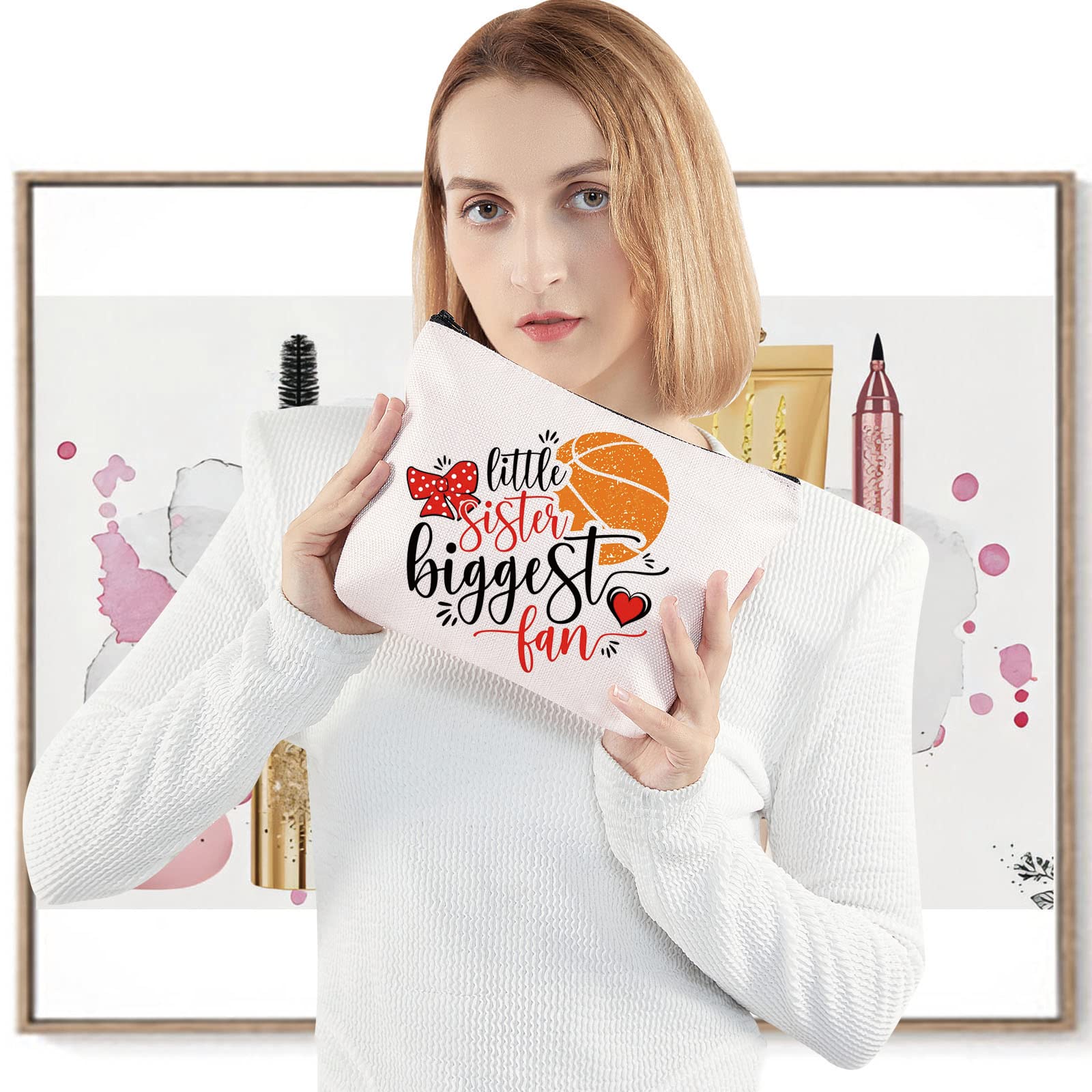 LEVLO Basketball Themed Cosmetic Bag - Perfect Gift for Basketball Player Sister, Little Sister & Biggest Basketball Fans - Makeup Zipper Pouch for Team Players & Supporters - Great for Game Days, Travel & School Essentials