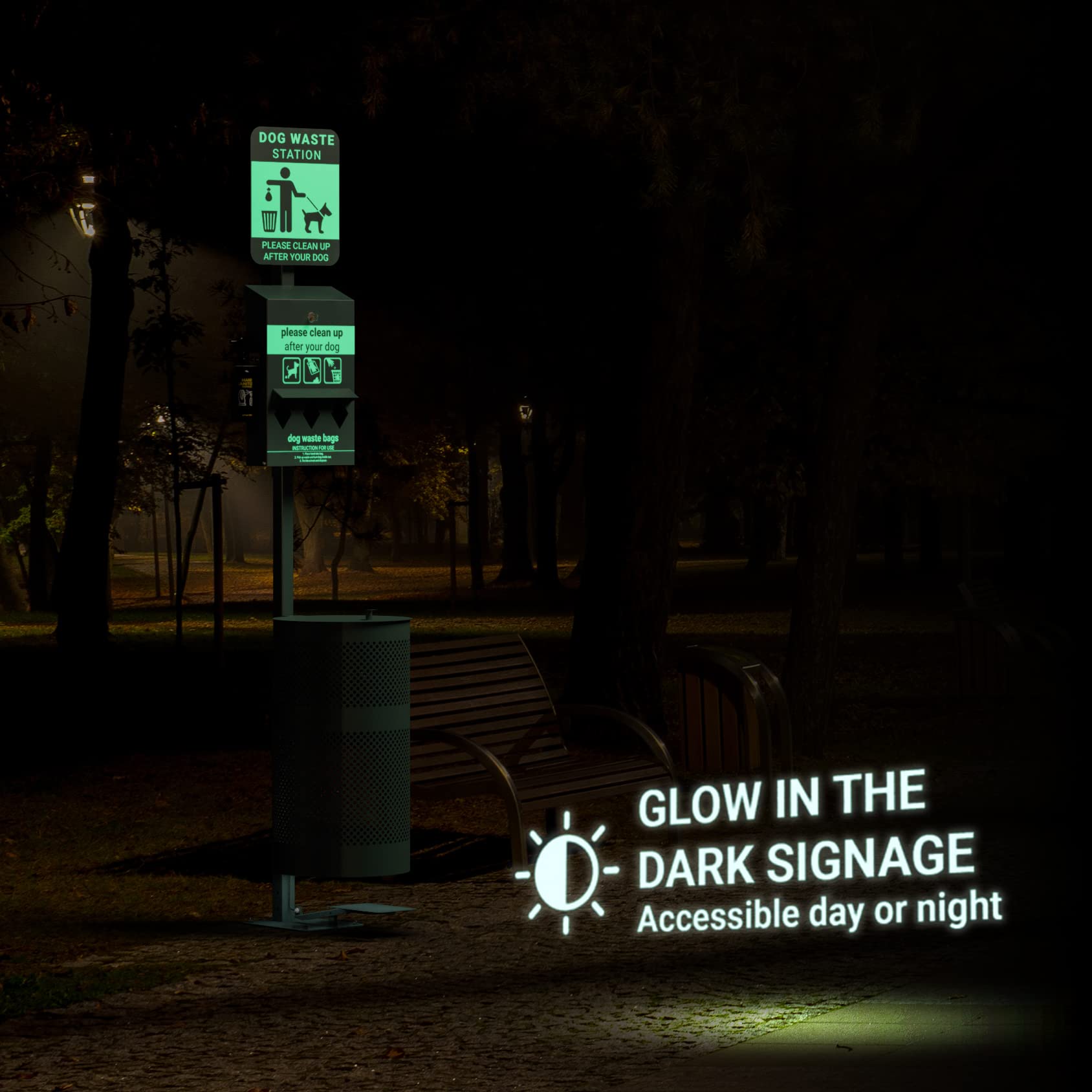 Glow in the Dark Pet Waste Station with Foot Pedal - 600 Dog Poop Bags & 50 Trash Can Liners - Outdoor Dog Waste Disposal System with Dispenser, Hand Sanitizer & Lidded Trash Can - Perfect for Parks, Backyards & Pet-Friendly Communities