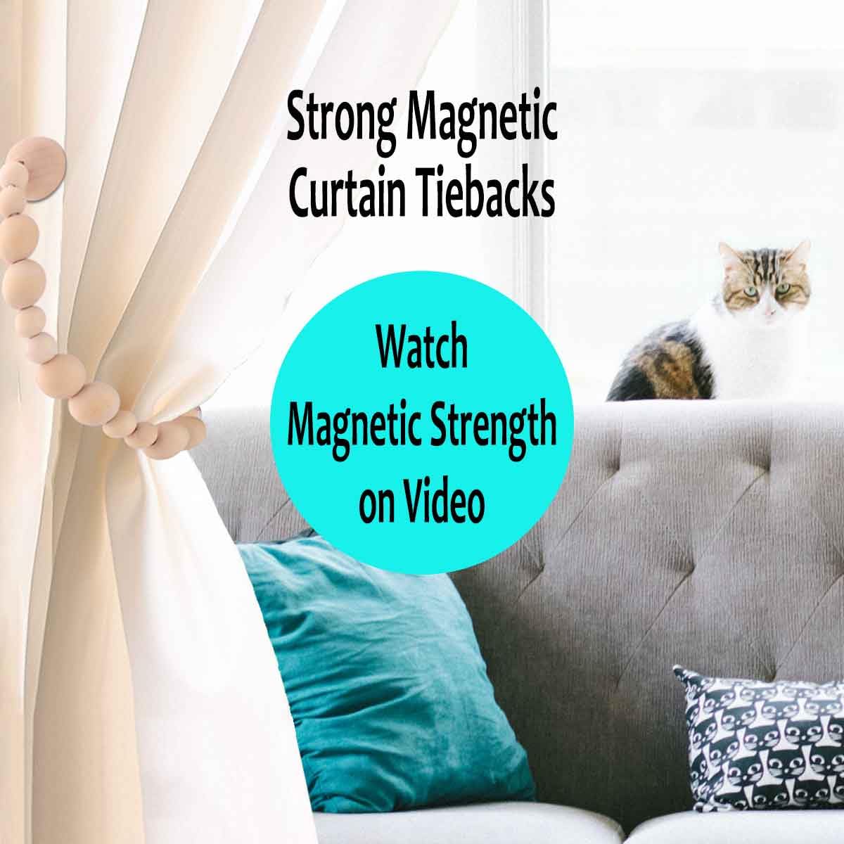 Magnetic Wood Bead Curtain Tiebacks - Strong Hold with Powerful Magnets - Boho Chic Home Decor for Bedroom, Living Room & Nursery - 2 Pack Natural Wood Tiebacks for Curtains & Drapes - Perfect for Window Treatments & Room Dividers