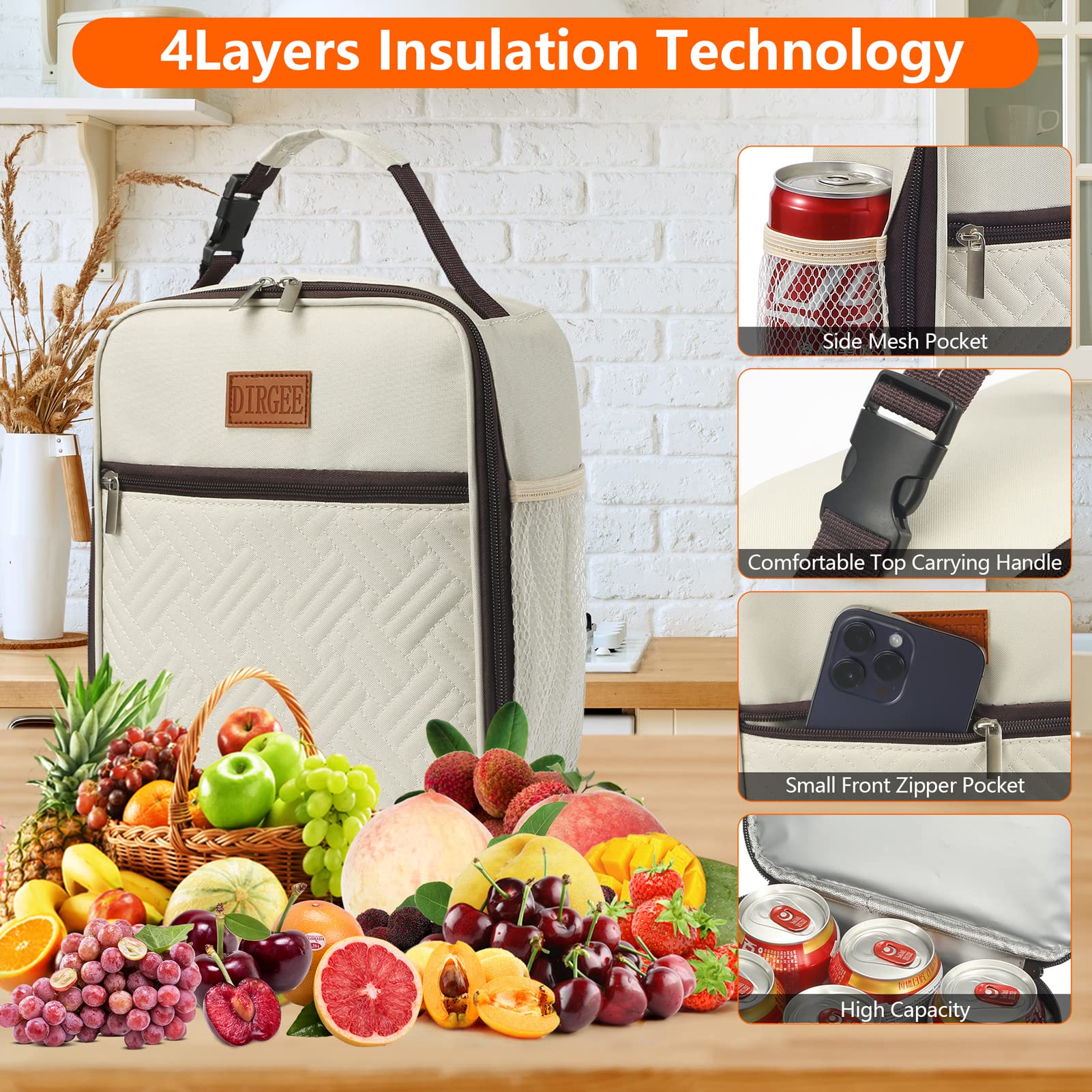 Insulated Lunch Bag for Women & Men - Leakproof Freezable Cooler Bag for Office Work, School, Picnics & Travel - Reusable Portable Lunch Box (White)