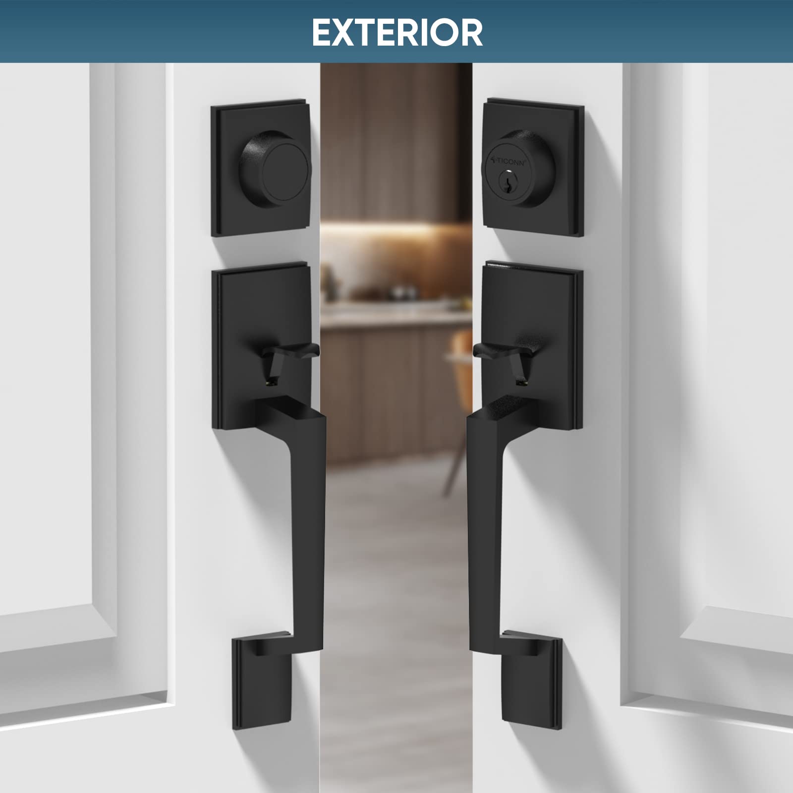 TICONN Heavy Duty Double Front Door Handle Set with Square Lever & Single Cylinder Deadbolt - Matte Black Finish for Side by Side Exterior Doors | Secure Entryway for Homes, Offices & Commercial Buildings