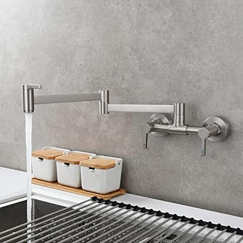 Solid Brass Wall Mount Kitchen Sink Faucet - Dual Handle Hot & Cold Water Mixing Tap with Extendable Folding Arm & Chrome Plating (Dual Function Spray Nozzle) - Perfect for Small Kitchens, RVs and Bathroom Sinks