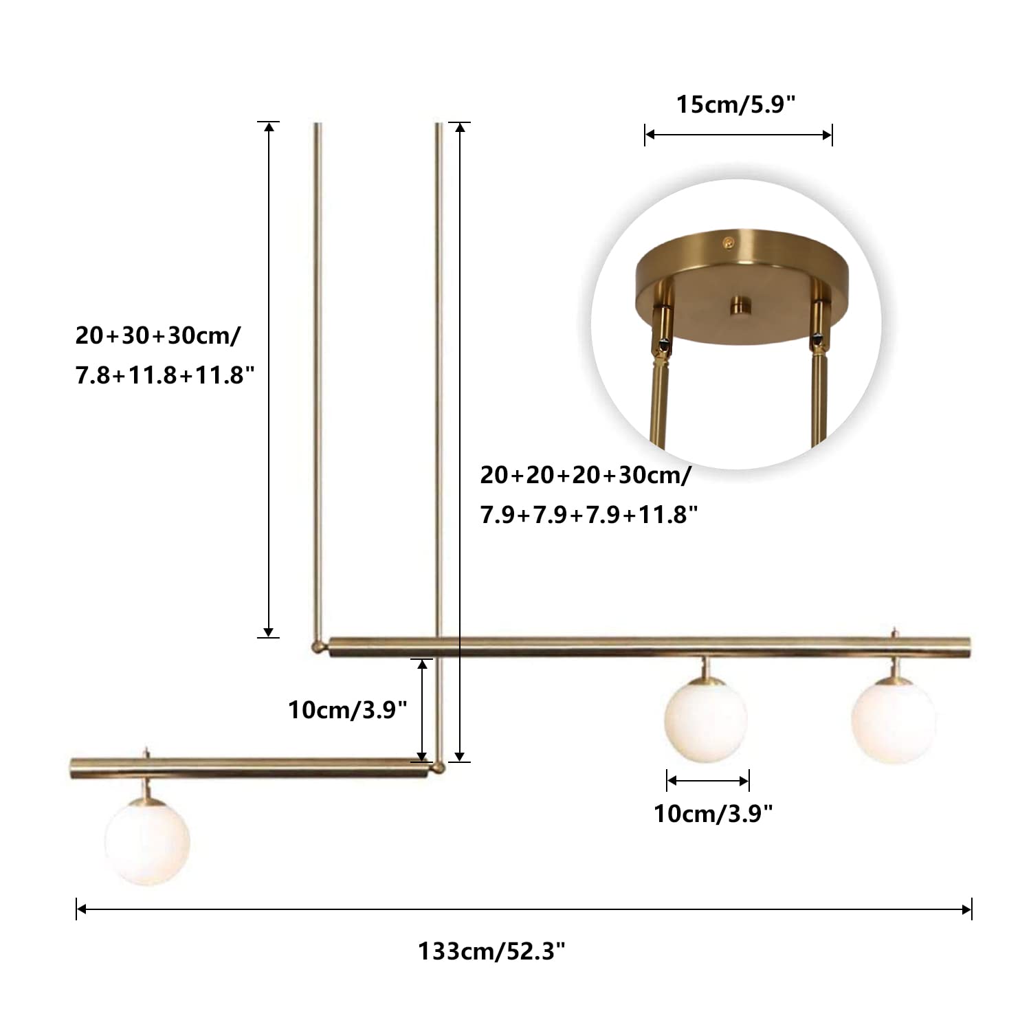 Modern Gold Glass Globe Chandelier - 3-Light Linear Ceiling Pendant Light with Glass Shade for Dining Room, Kitchen Island & Living Room Lighting | Elegant Hanging Light Fixture for Home Decor