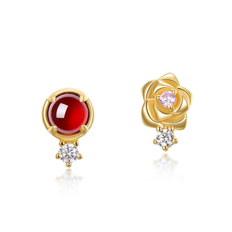 Asymmetric Red Garnet Rose Stud Earrings for Women | 925 Sterling Silver Dainty Floral Jewelry | Perfect for Valentine's Day, Anniversary & Romantic Date Night Gifts