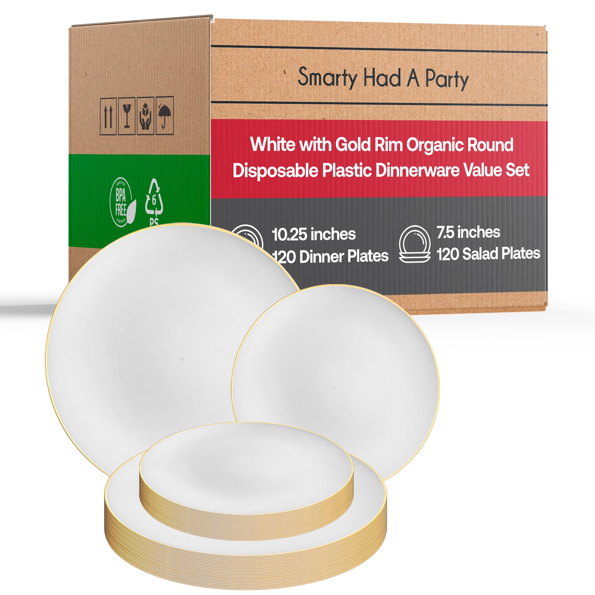 Eco-Friendly Disposable Plastic Plates with Elegant Rim Design - Bulk Round Dinnerware Set for Wedding, Birthday Party & Special Events (White & Gold, 120-Piece Combo) - Perfect for Outdoor Gatherings, Catering & Large Celebrations