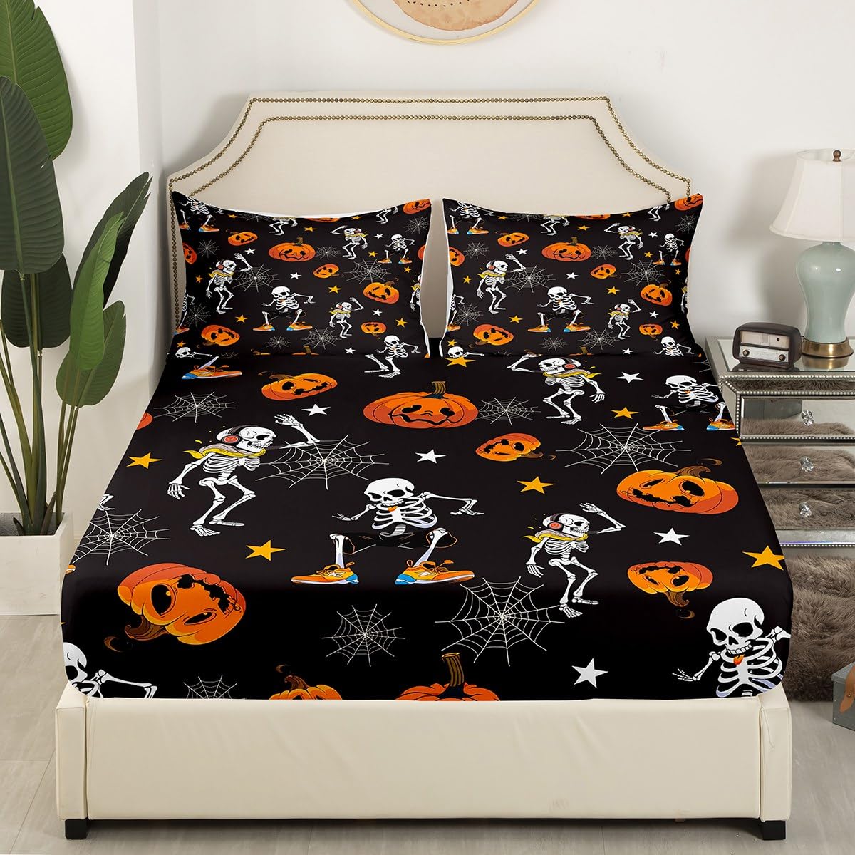 **Gothic Skull Bed Sheet Set Full Size - Halloween Skeleton Bedding for Boys, Teens & Men - Black Pumpkin, Spider Web & Stars Design - Fitted Sheet, Flat Sheet & 2 Pillowcases - Perfect for Spooky Bedroom Decor & Halloween Party Themes**