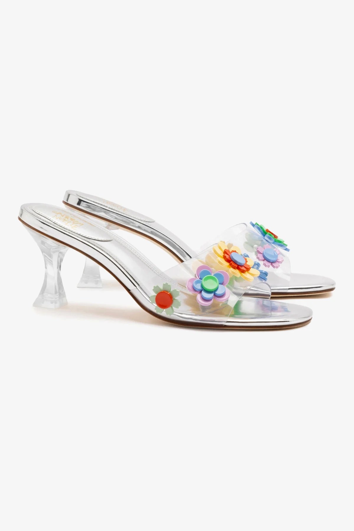Larroudé x Gabriela Noelle Silver Specchio & Multicolor Acrylic Garden Mule Shoes - Perfect for Spring Weddings, Garden Parties & Summer Outings