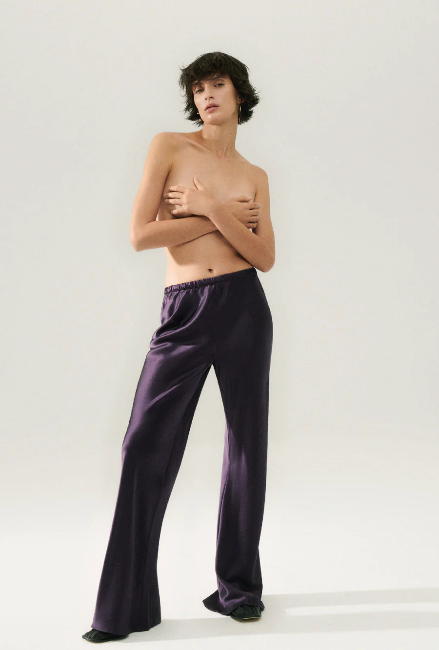 BIAS CUT PANTS in Blackberry Color - Women's High Waist Flowy Trousers for Office, Casual Wear & Special Occasions