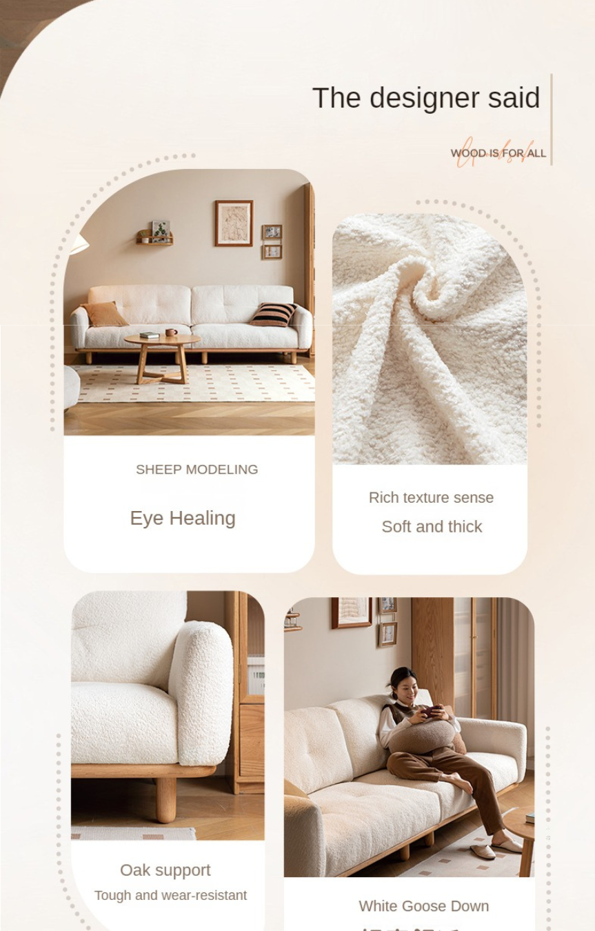 Oak Solid Wood Lamb Fleece Sofa - White Cream Modern Style | Cozy Living Room Furniture for Home Decor