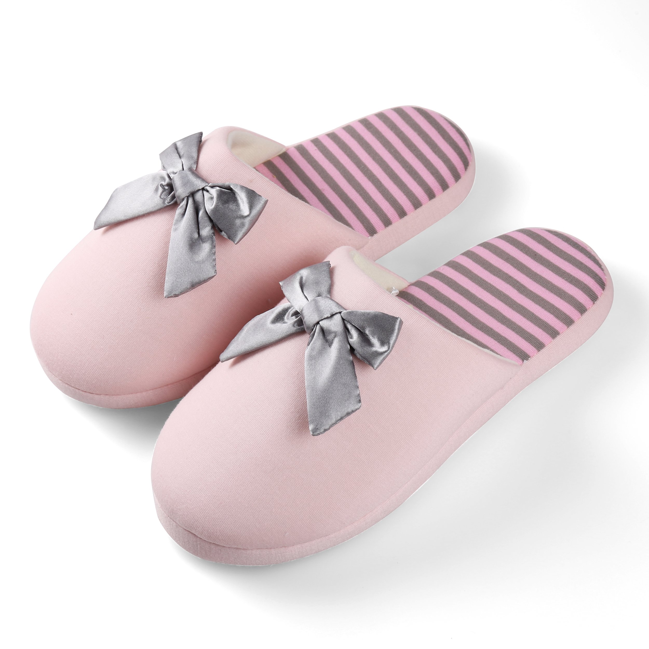 Women's Waffle Stripes Bow Memory Foam Slippers - Soft Indoor House Shoes with Closed Toe for Comfort & Warmth, Pink, Large - Perfect for Lounging, Relaxing at Home & Cold Winter Days