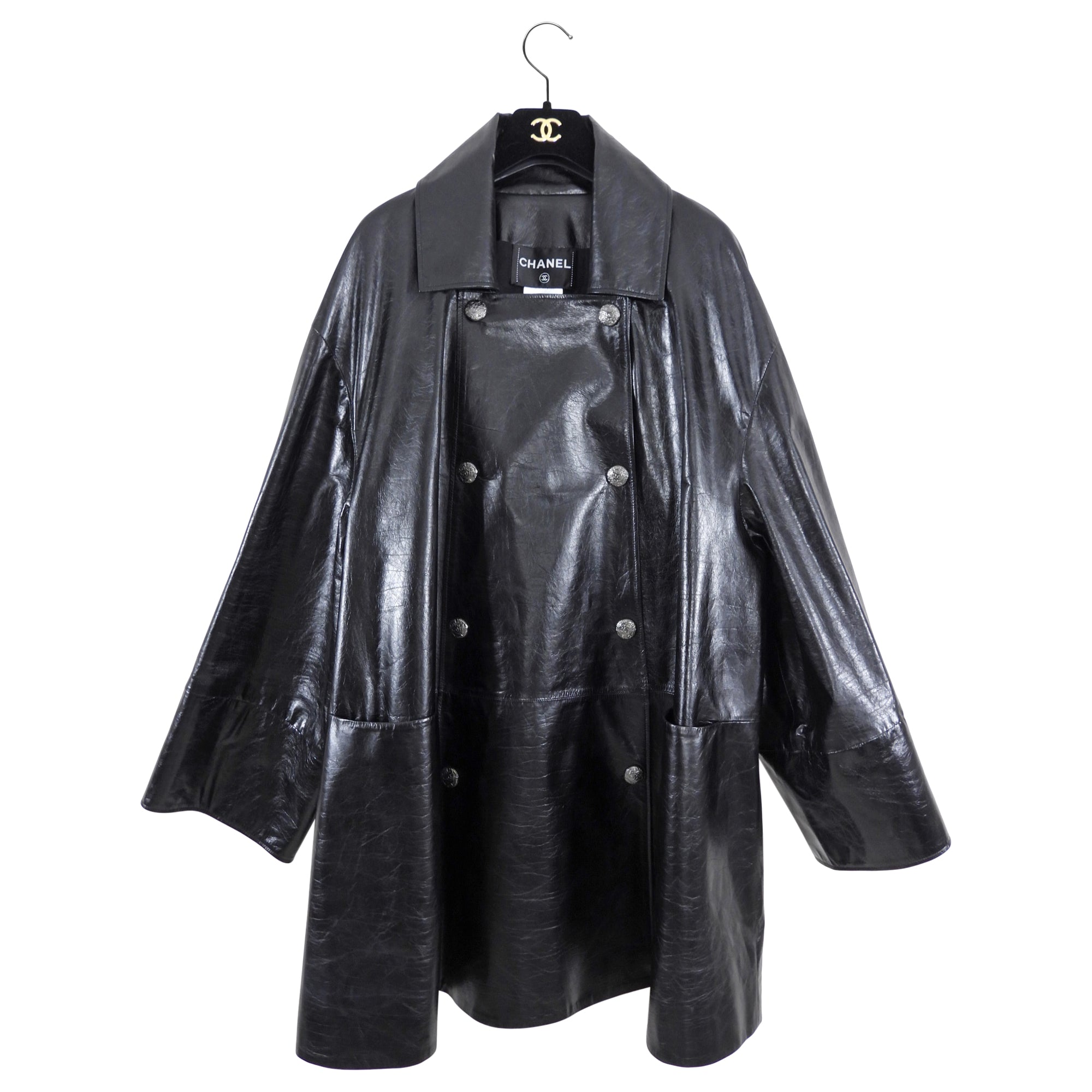 Chanel 14K Gold Black Leather Flare Coat - Size FR38 (US Medium) - Luxury Outerwear for Evening Events & Winter Fashion