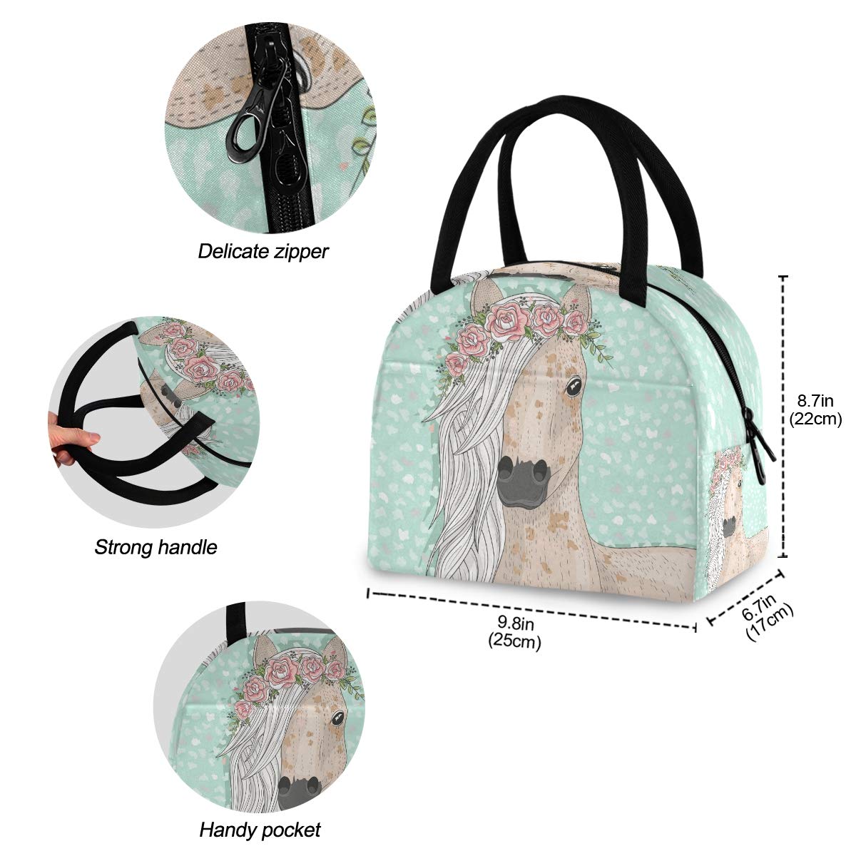 Insulated Lunch Bag for Women - Flower Horse Design Cooler Tote Bag for Work, School & Picnics | Leakproof & Thermal Insulation Lunch Box for Office, Travel & Outdoor Activities