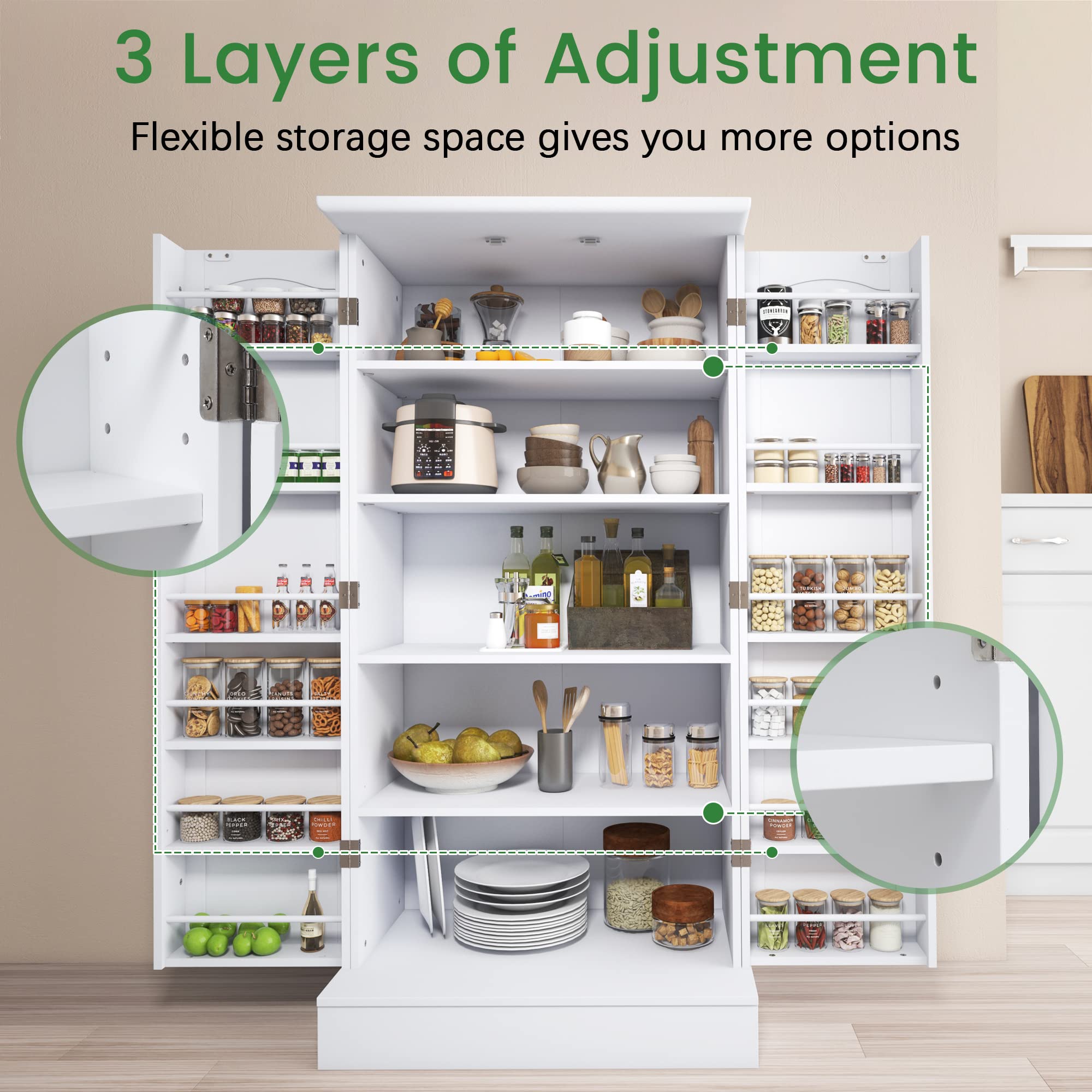 Jehiatek 47” White Freestanding Kitchen Pantry Cabinet with Adjustable Shelves & Doors - Perfect for Kitchen, Living Room, and Dining Room Storage Solutions