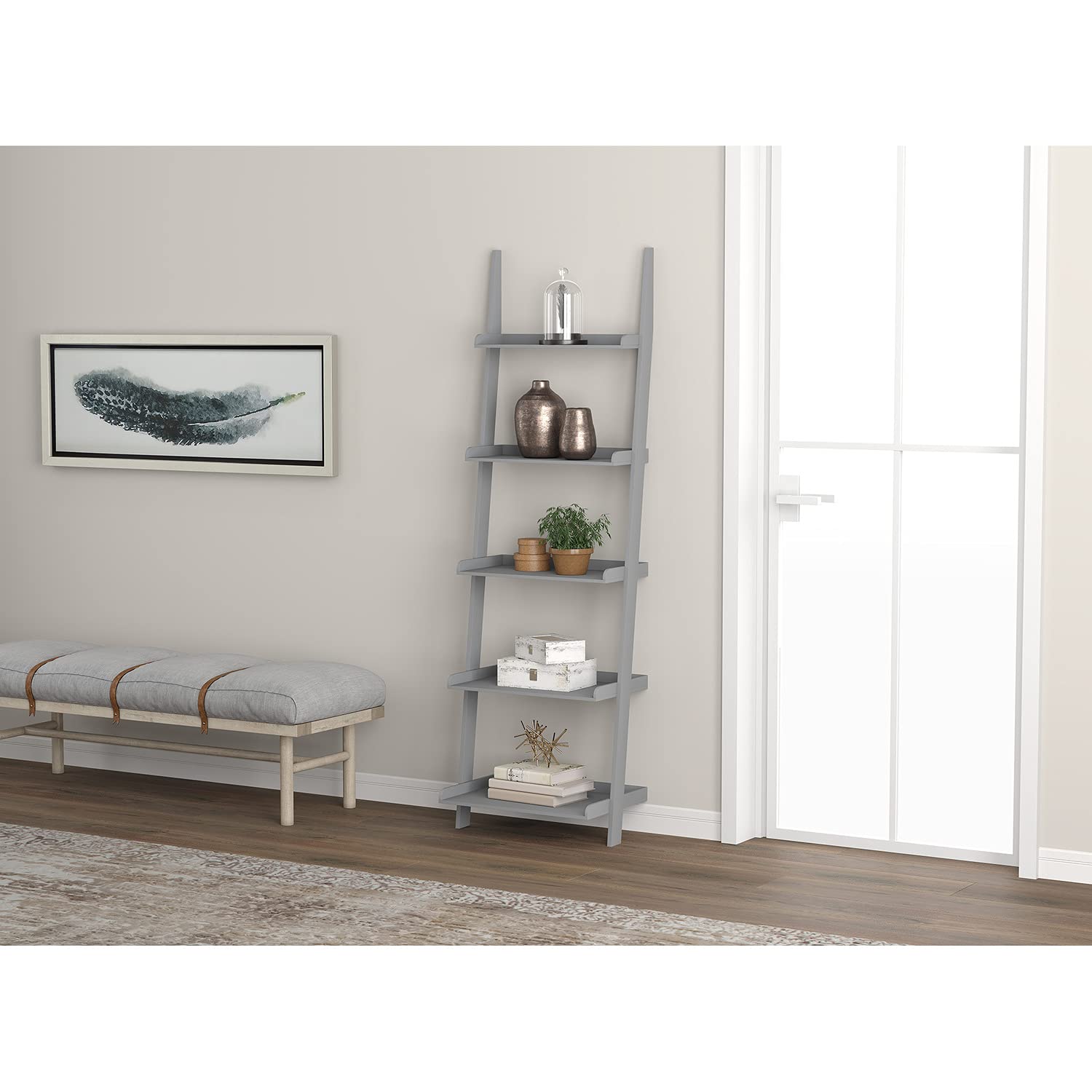 5-Tier Light Grey Wall Shelf with Borders - 70H Sturdy Storage for Living Room, Bedroom & Office Organization