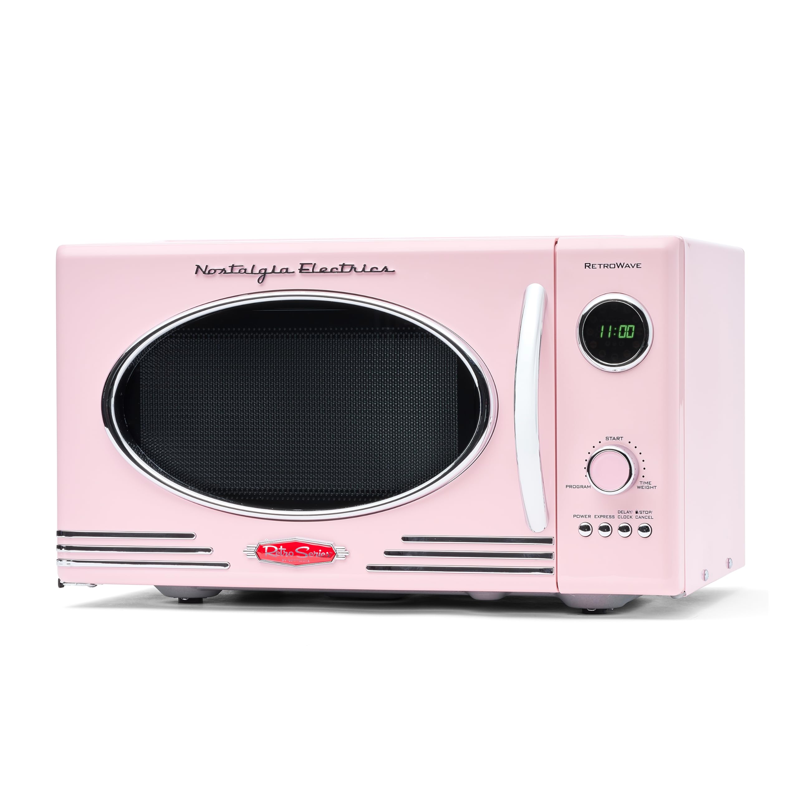 **Nostalgia Retro Countertop Microwave Oven - 800W Large Capacity (0.9 cu ft) - 12 Pre-Set Cooking Modes, Digital Clock - Vintage Pink Kitchen Appliance for Small Spaces, Dorms & Offices**