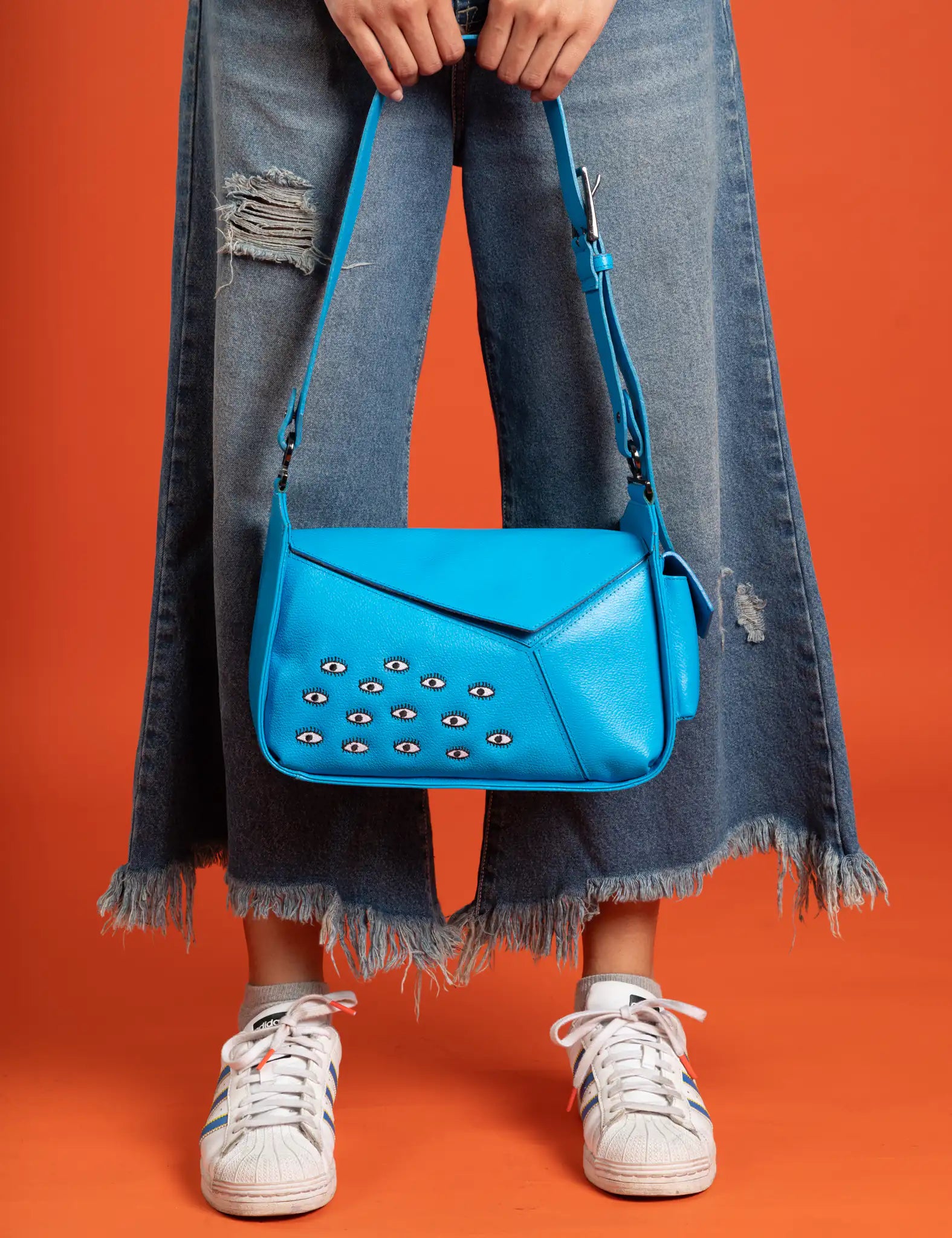 Houston Blue Leather Shoulder Bag with Eye Embroidery - Stylish Crossbody Purse for Women, Perfect for Work, Travel & Everyday Use
