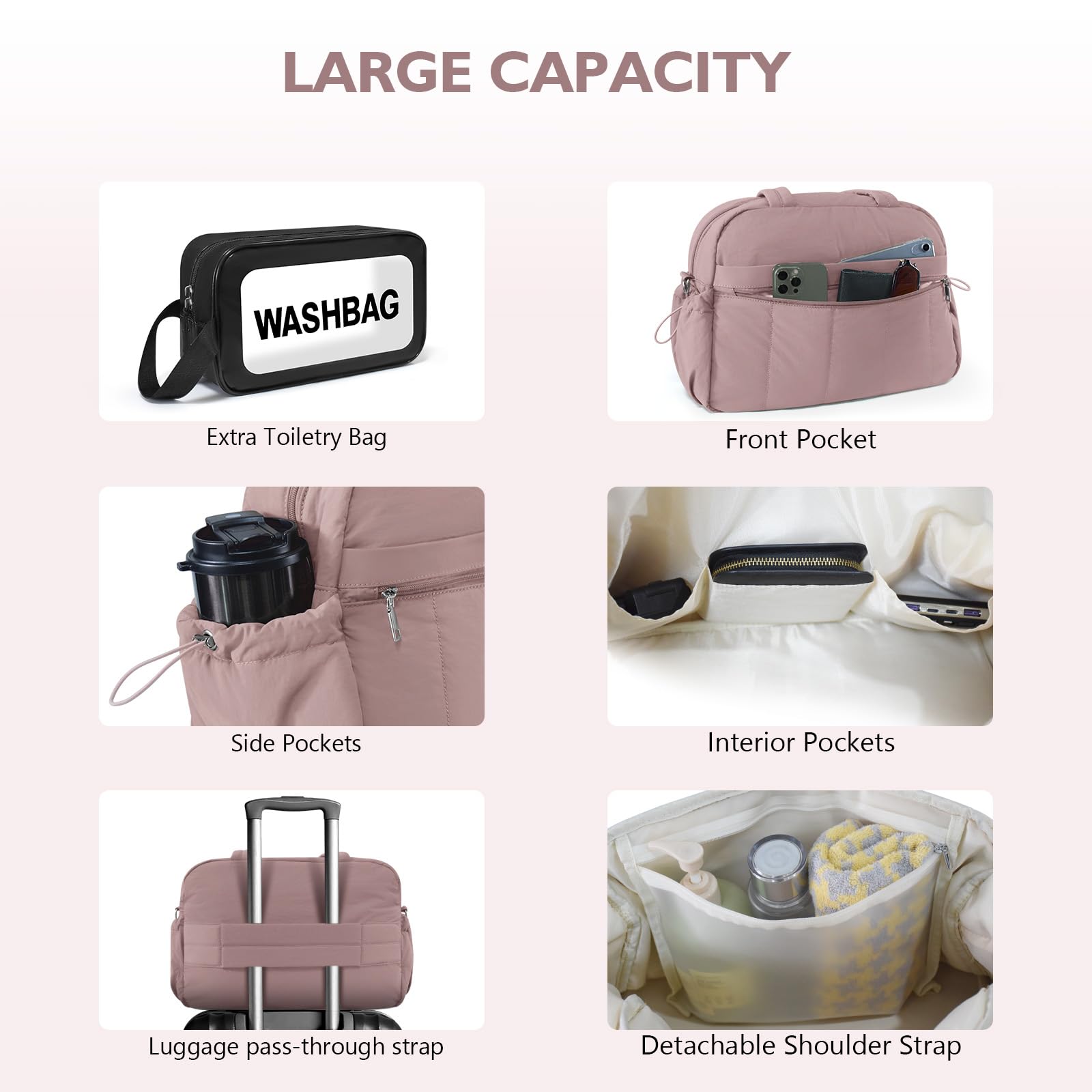 Waterproof Travel Duffle Bag for Women - Large Gym Bag with Washbag & Toiletry Pouch - Pink Weekender Carry On for Sports, Workout, Hospital & Overnight Trips - Perfect for Gym, Travel & Business Use