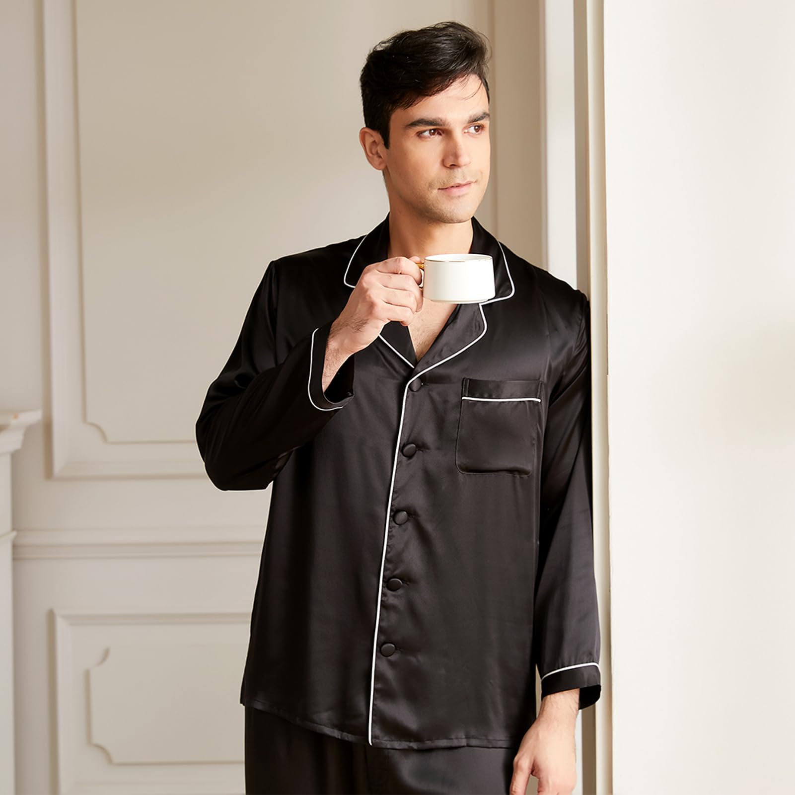 Luxury 19 Momme Mulberry Silk Pajama Set for Men - 2 Piece Long Sleeve Silk Pajamas, Lightweight & Breathable for Sleep, Lounge & Travel