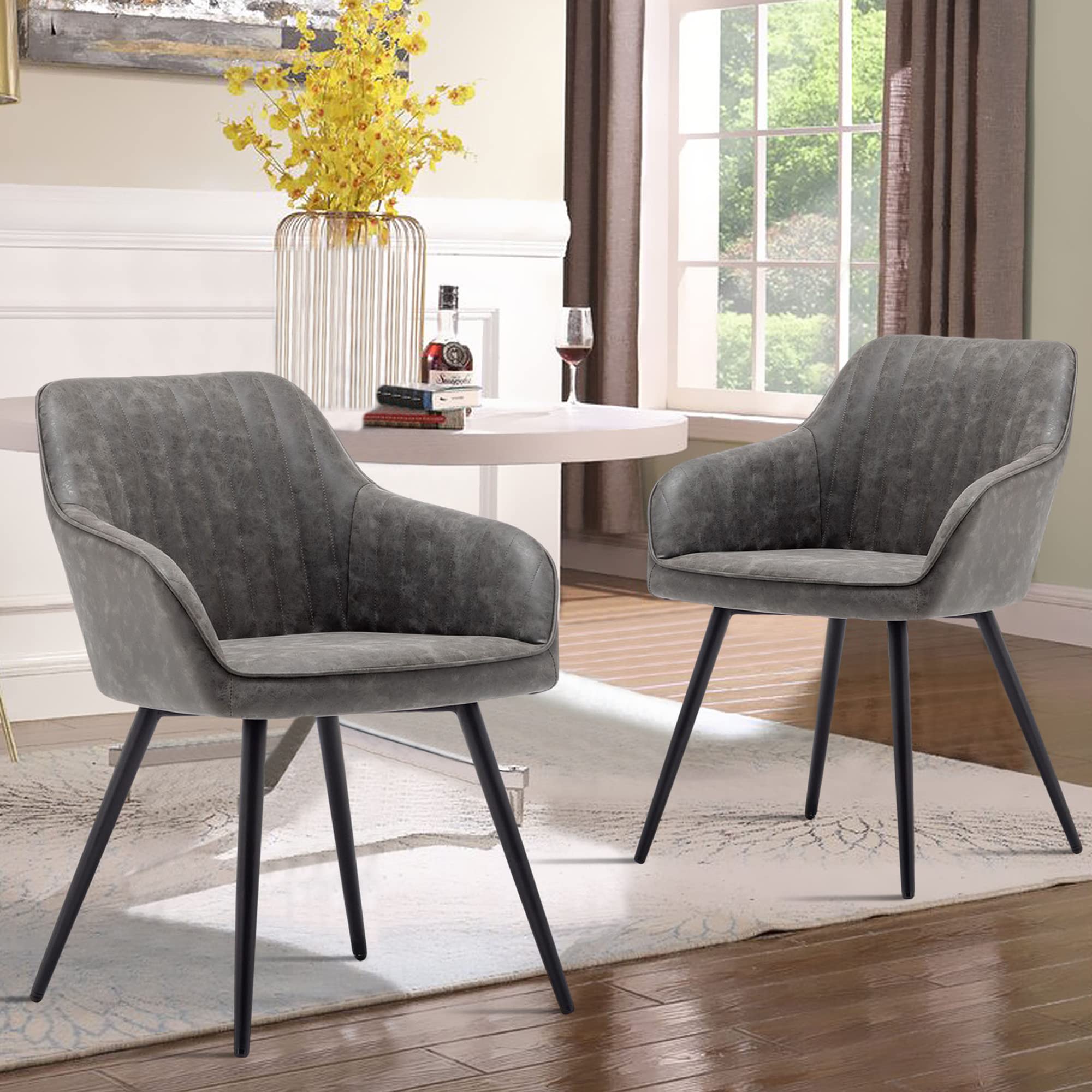 Awonde Set of 2 Faux Leather Accent Chairs - Modern Armchairs with Metal Legs in Gray for Dining Room, Living Room & Office - Perfect for Guest Seating, Home Decor & Small Spaces