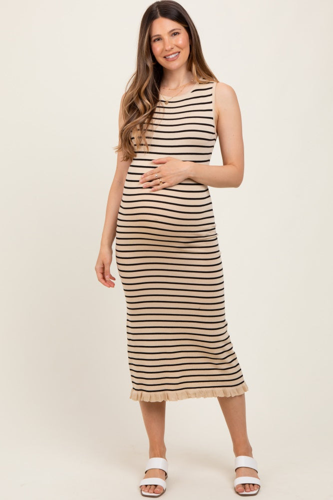 Beige Striped Knit Sleeveless Ruffle Hem Maternity Midi Dress for Pregnancy, Nursing & Special Occasions - Comfortable Summer Dress for Baby Shower, Beach Vacation & Photoshoot
