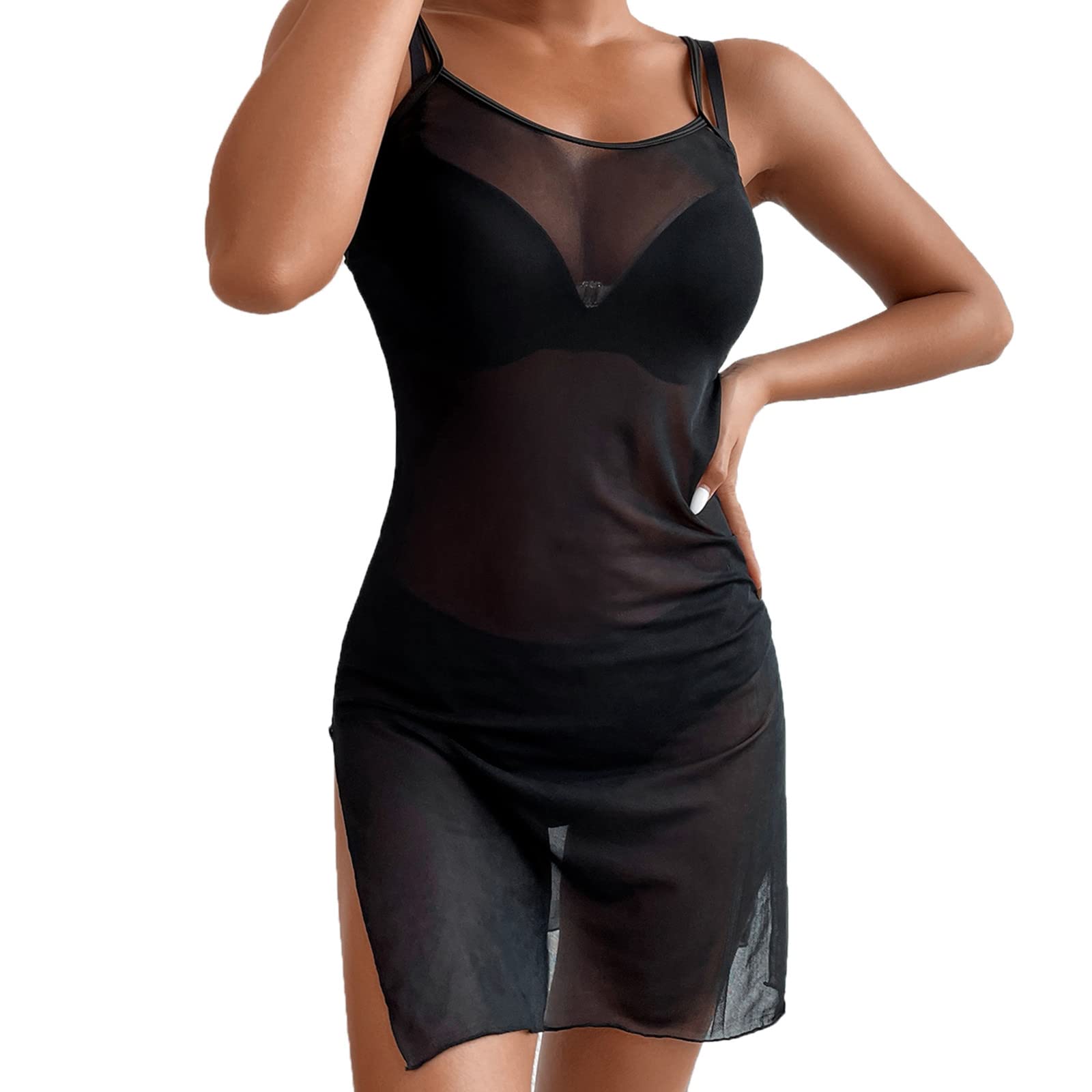 NREALY Women's Sheer Ruffle Trim One Shoulder Beach Cover Up Dress - Drawstring Mini Dress, Bikini Wrap, Swimwear Cover Up for Pool, Vacation & Summer Outfits (Black, Size S)