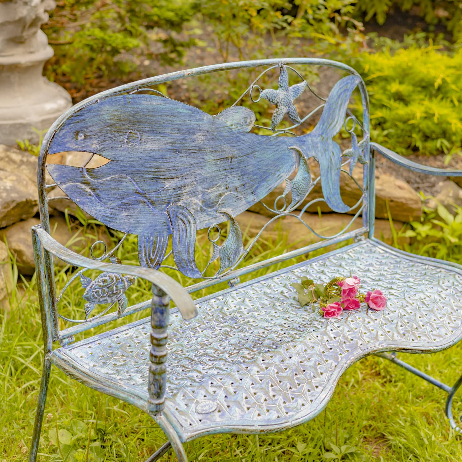 Coastal Blue Metal Outdoor Furniture Set - Modern Bench & Whale Decor for Patio, Garden, Beach House | Durable Weather-Resistant Design for Backyard, Poolside & Seaside Relaxation